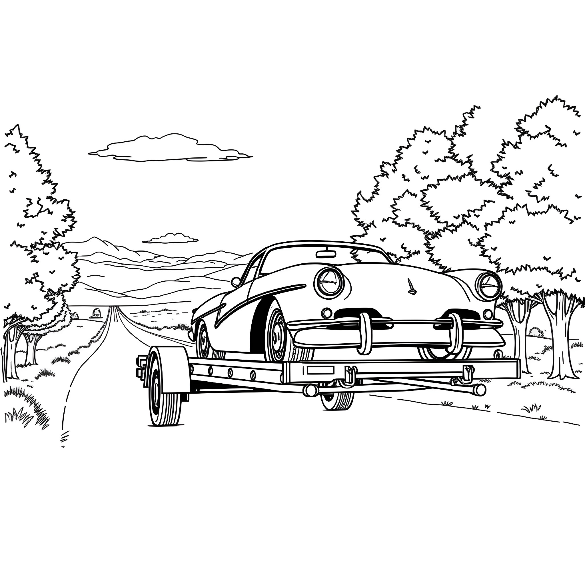 Car driving through picturesque landscape Coloring Page (free black-and-white line drawing printable PDF for all, from beginners to advanced learners, including children, teens, adults, and seniors)
