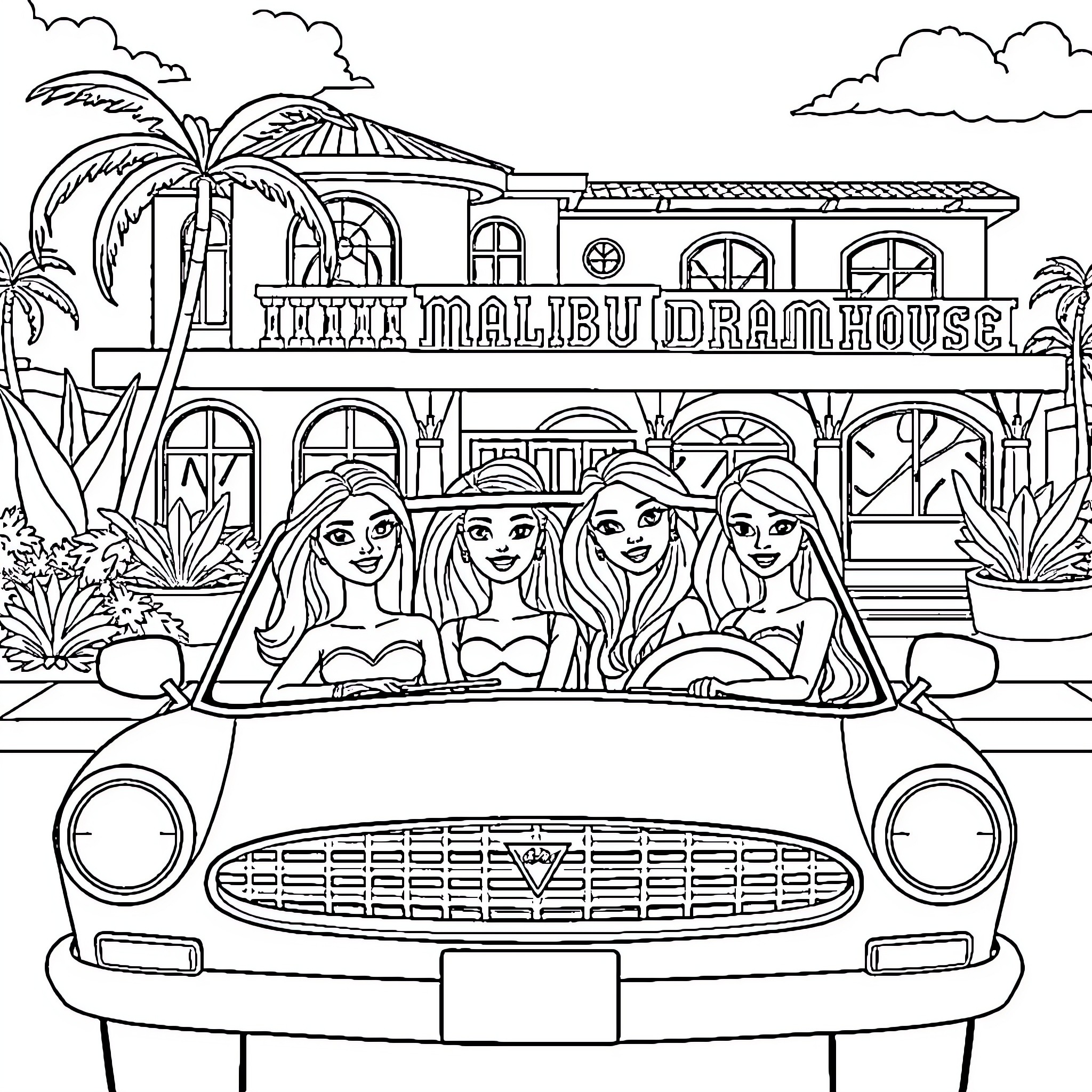 Barbie friends take a road trip in a vintage car Coloring Page (free black-and-white line drawing printable PDF for all, from beginners to advanced learners, including children, teens, adults, and seniors)