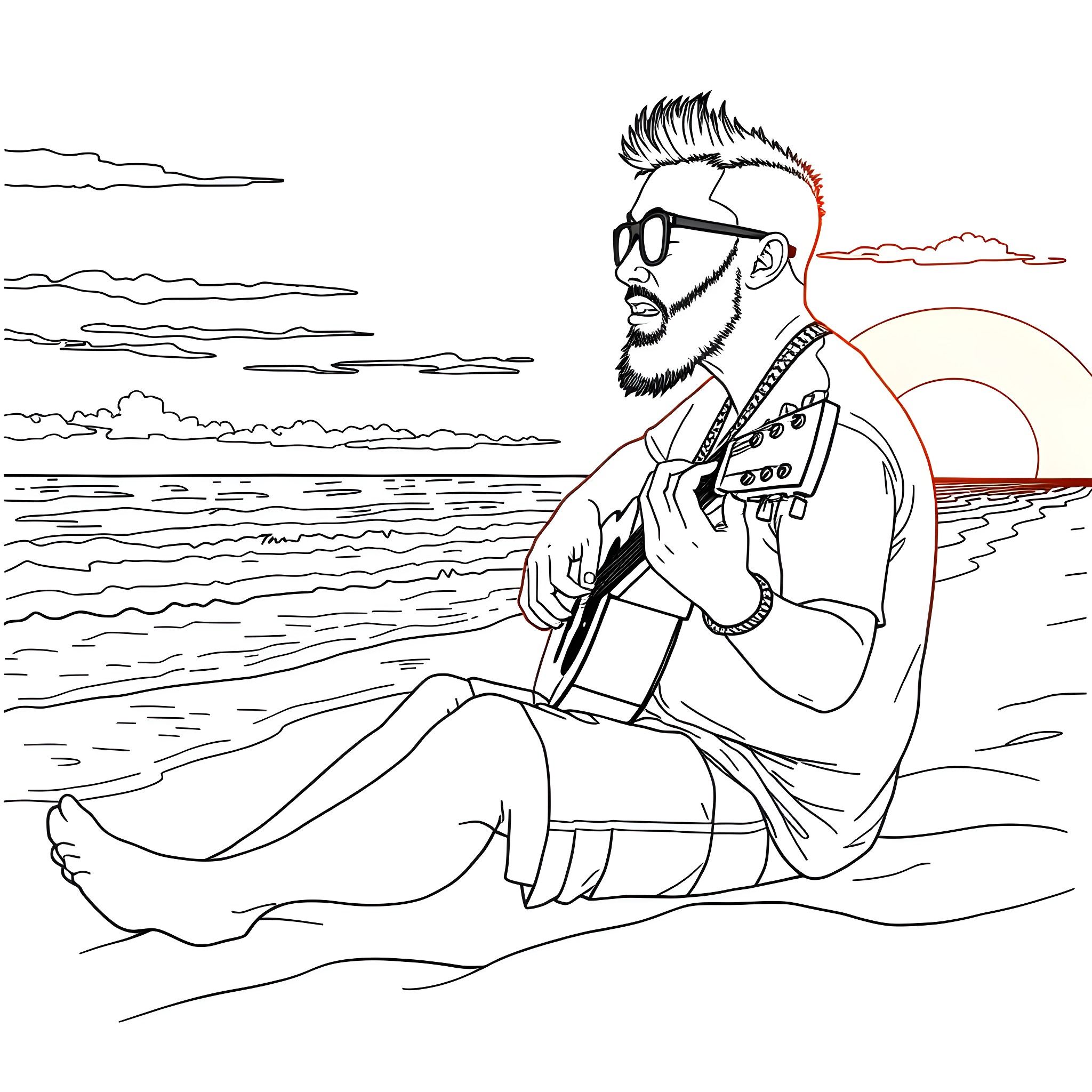 Mac Miller composing music on the beach Coloring Page (free black-and-white line drawing printable PDF for all, from beginners to advanced learners, including children, teens, adults, and seniors)