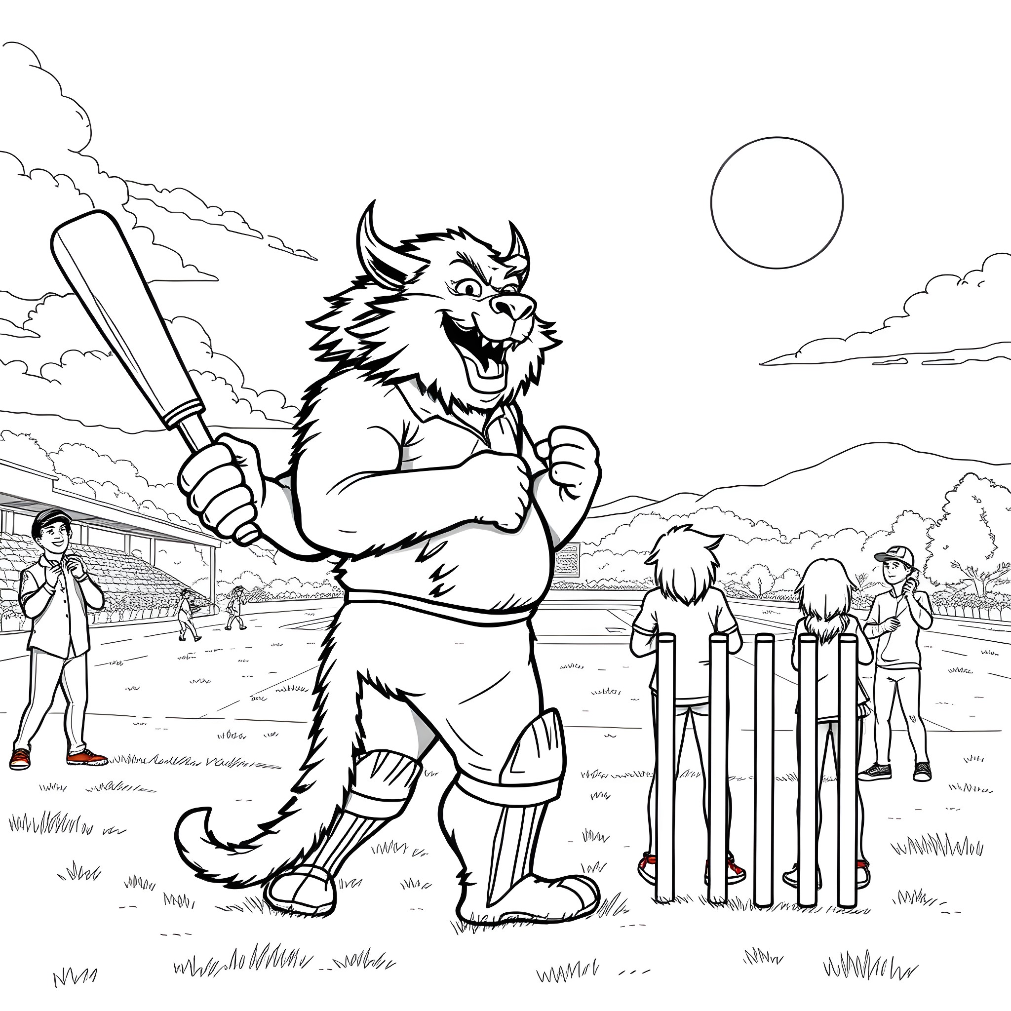 Mr Beast playing cricket with friends on a sunny day Coloring Page (free black-and-white line drawing printable PDF for all, from beginners to advanced learners, including children, teens, adults, and seniors)