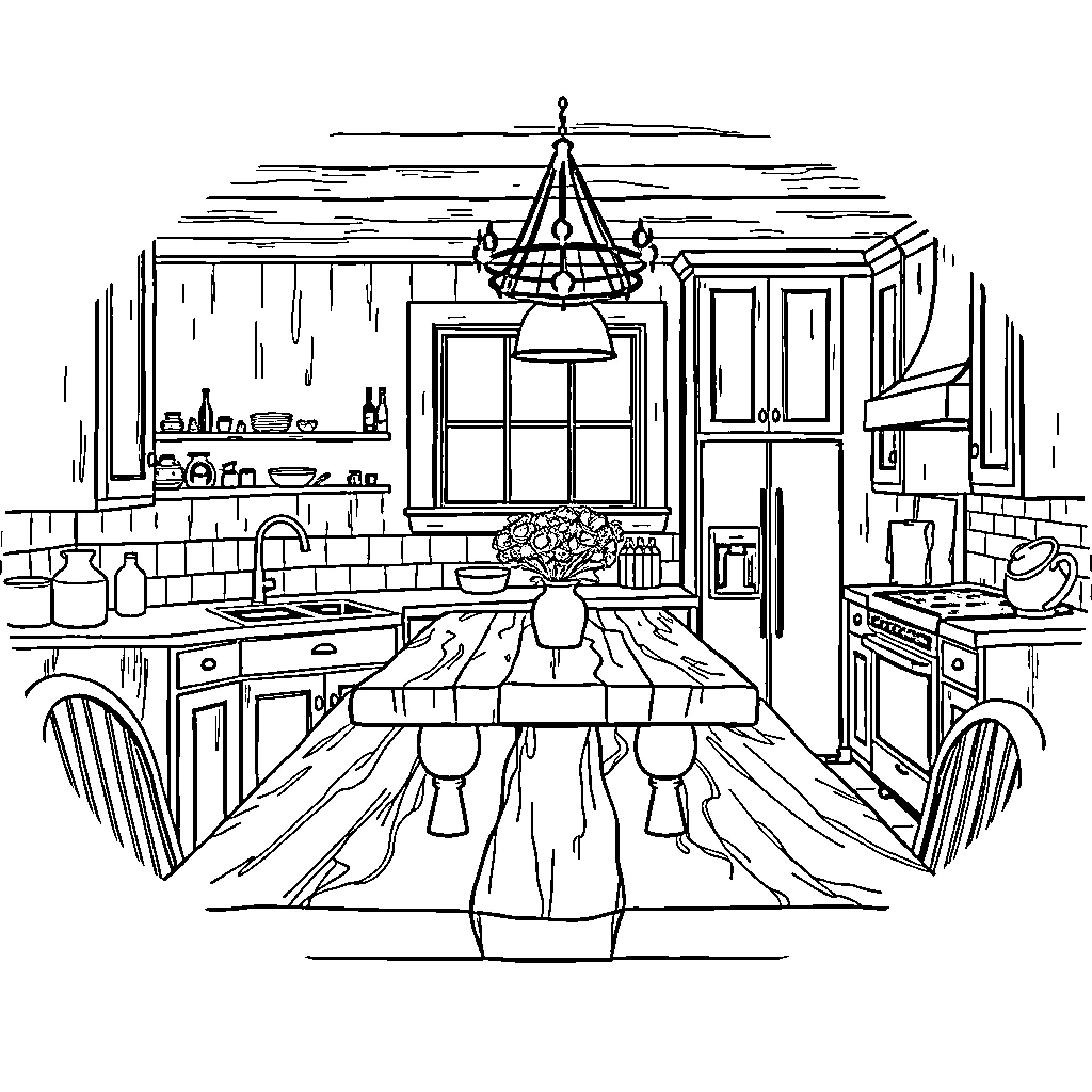 Farmhouse kitchen with cozy dining area Coloring Page (free black-and-white line drawing printable PDF for all, from beginners to advanced learners, including children, teens, adults, and seniors)