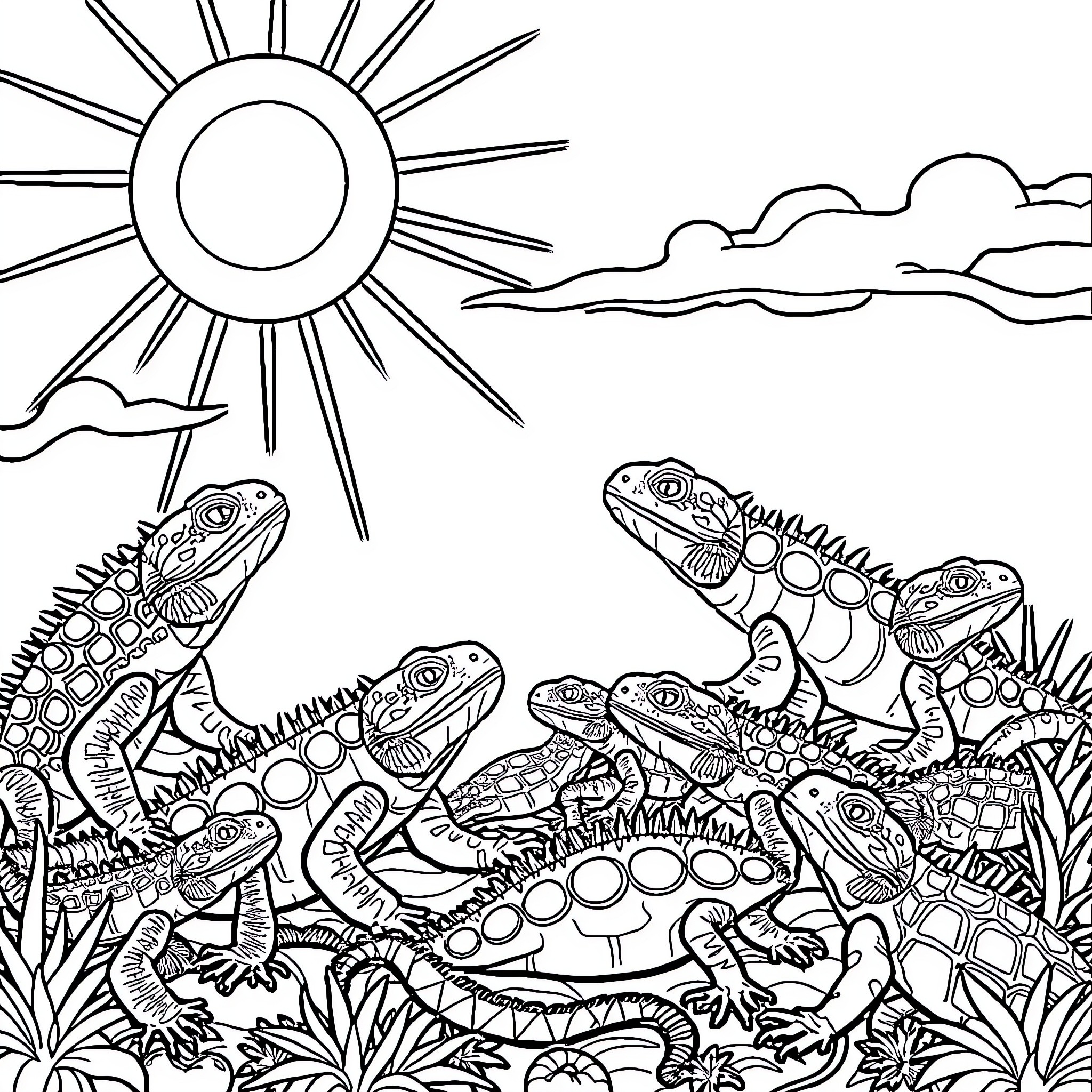 Reptile Gathering Basking in Sunlight Coloring Page (free black-and-white line drawing printable PDF for all, from beginners to advanced learners, including children, teens, adults, and seniors)