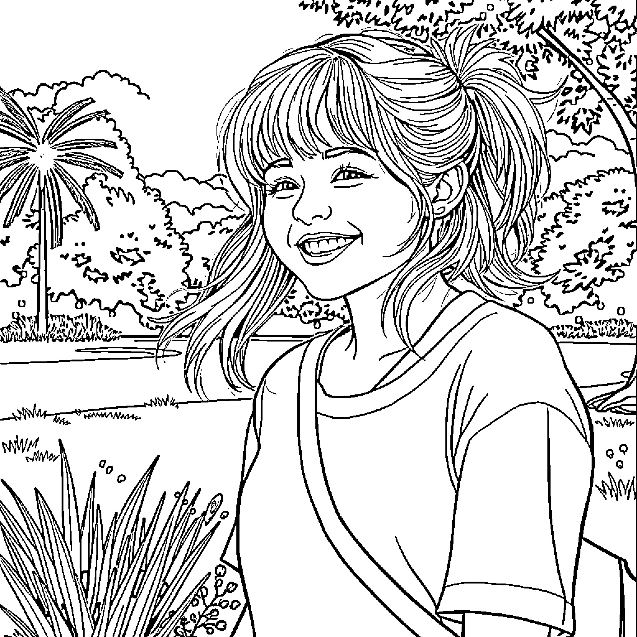 Miley Cyrus enjoying nature in a serene outdoor setting Coloring Page (free black-and-white line drawing printable PDF for all, from beginners to advanced learners, including children, teens, adults, and seniors)