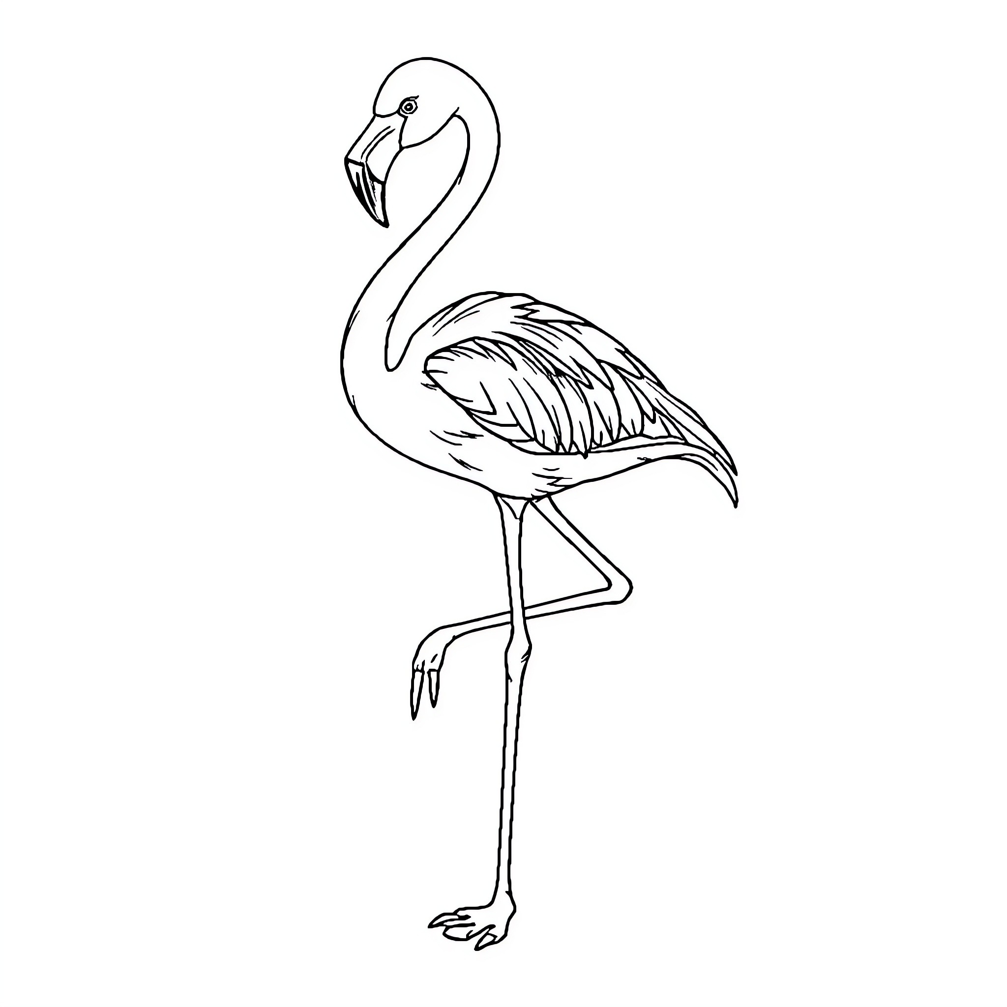 Flamingo standing gracefully in profile Coloring Page (free black-and-white line drawing printable PDF for all, from beginners to advanced learners, including children, teens, adults, and seniors)