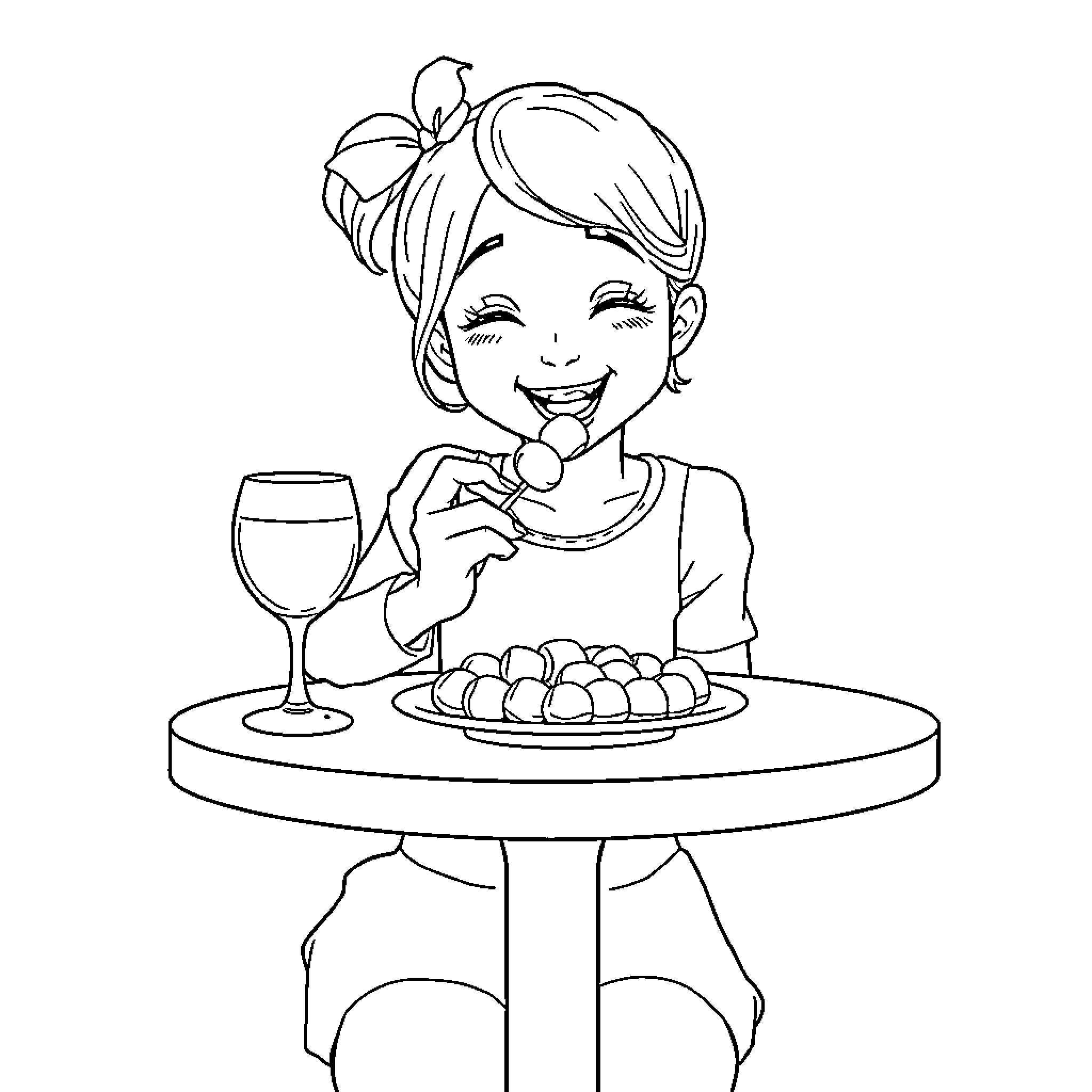 Mana Girl Enjoying a Delightful Meal Coloring Page (free black-and-white line drawing printable PDF for all, from beginners to advanced learners, including children, teens, adults, and seniors)