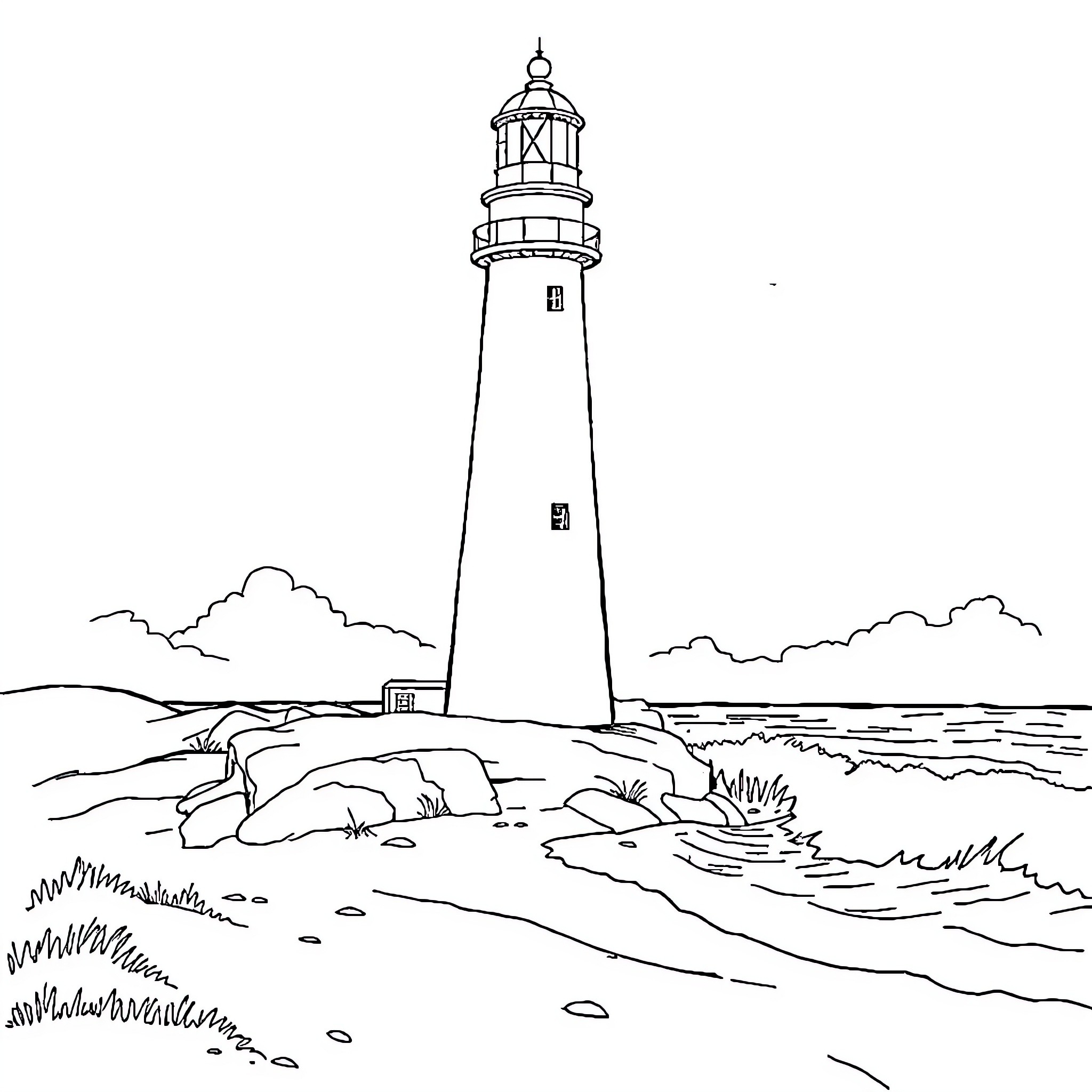 Lighthouse by the Scenic Coastline Coloring Page (free black-and-white line drawing printable PDF for all, from beginners to advanced learners, including children, teens, adults, and seniors)