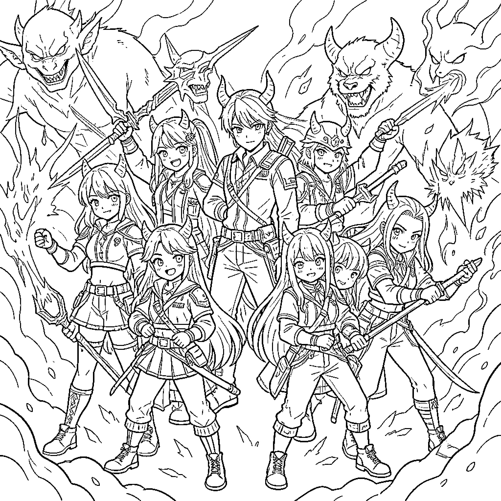 Demon Hunter - Heroic Group Battling Fierce Foes Coloring Page (free black-and-white line drawing printable PDF for all, from beginners to advanced learners, including children, teens, adults, and seniors)