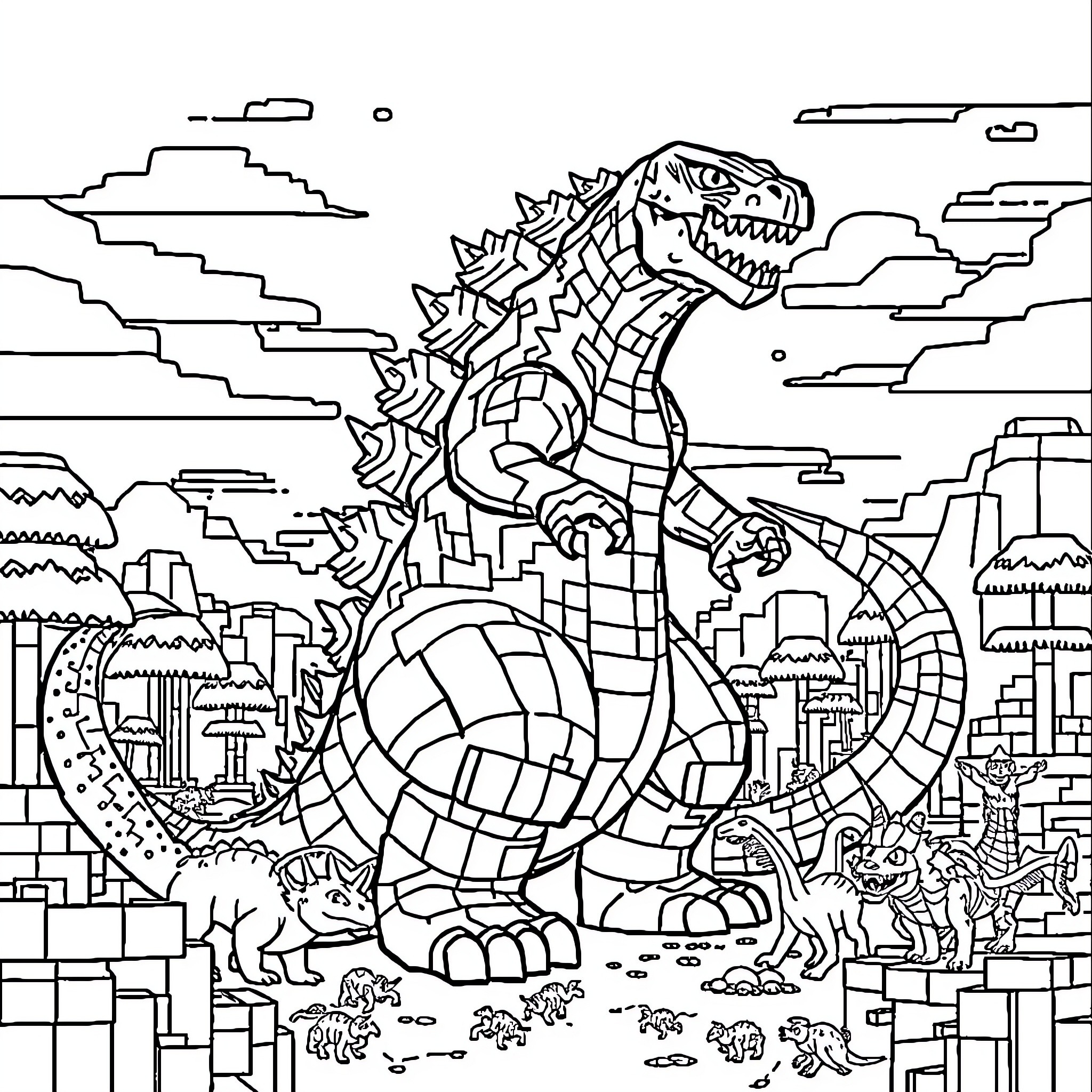 Godzilla Rampaging Through the City Coloring Page (free black-and-white line drawing printable PDF for all, from beginners to advanced learners, including children, teens, adults, and seniors)