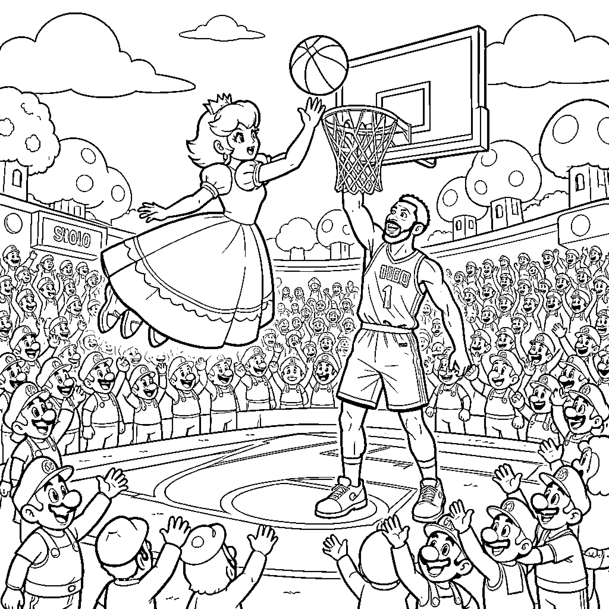 Princess Plays Basketball with Crowd Cheering Coloring Page (free black-and-white line drawing printable PDF for all, from beginners to advanced learners, including children, teens, adults, and seniors)