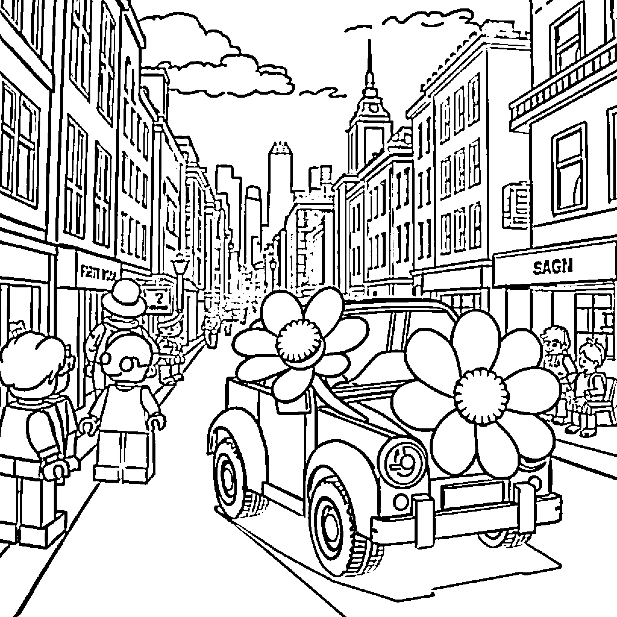 Car with Flowers Driving Through City Street Coloring Page (free black-and-white line drawing printable PDF for all, from beginners to advanced learners, including children, teens, adults, and seniors)