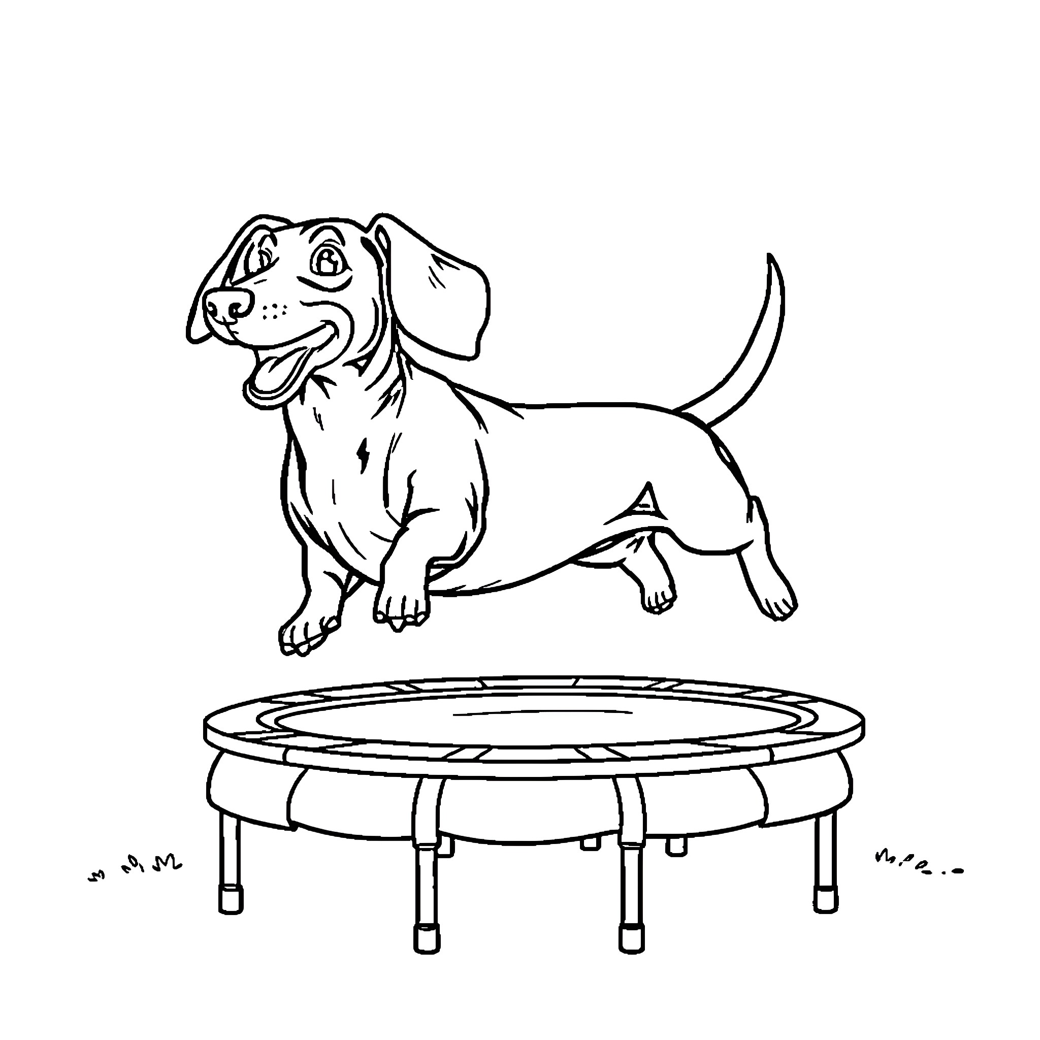 Dachshund jumping excitedly on trampoline Coloring Page (free black-and-white line drawing printable PDF for all, from beginners to advanced learners, including children, teens, adults, and seniors)
