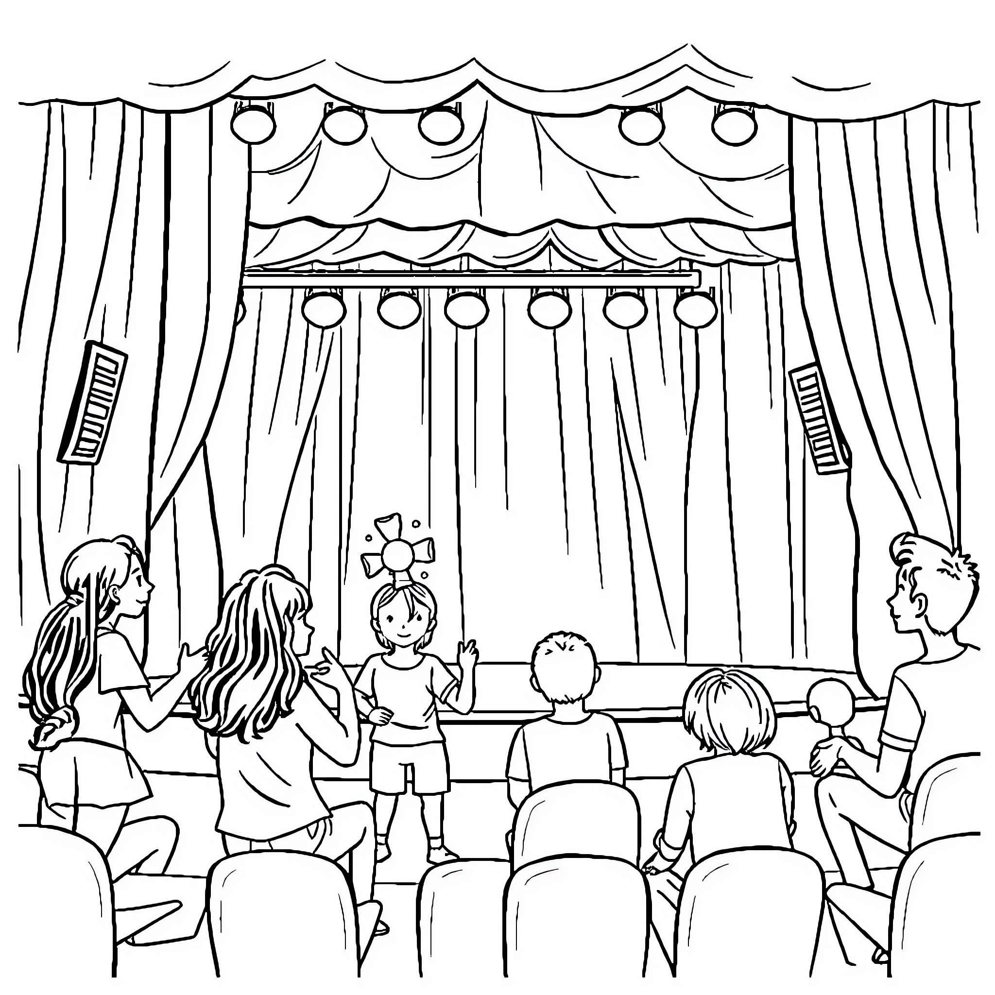 Drama on Stage with Performers and Audience Coloring Page (free black-and-white line drawing printable PDF for all, from beginners to advanced learners, including children, teens, adults, and seniors)