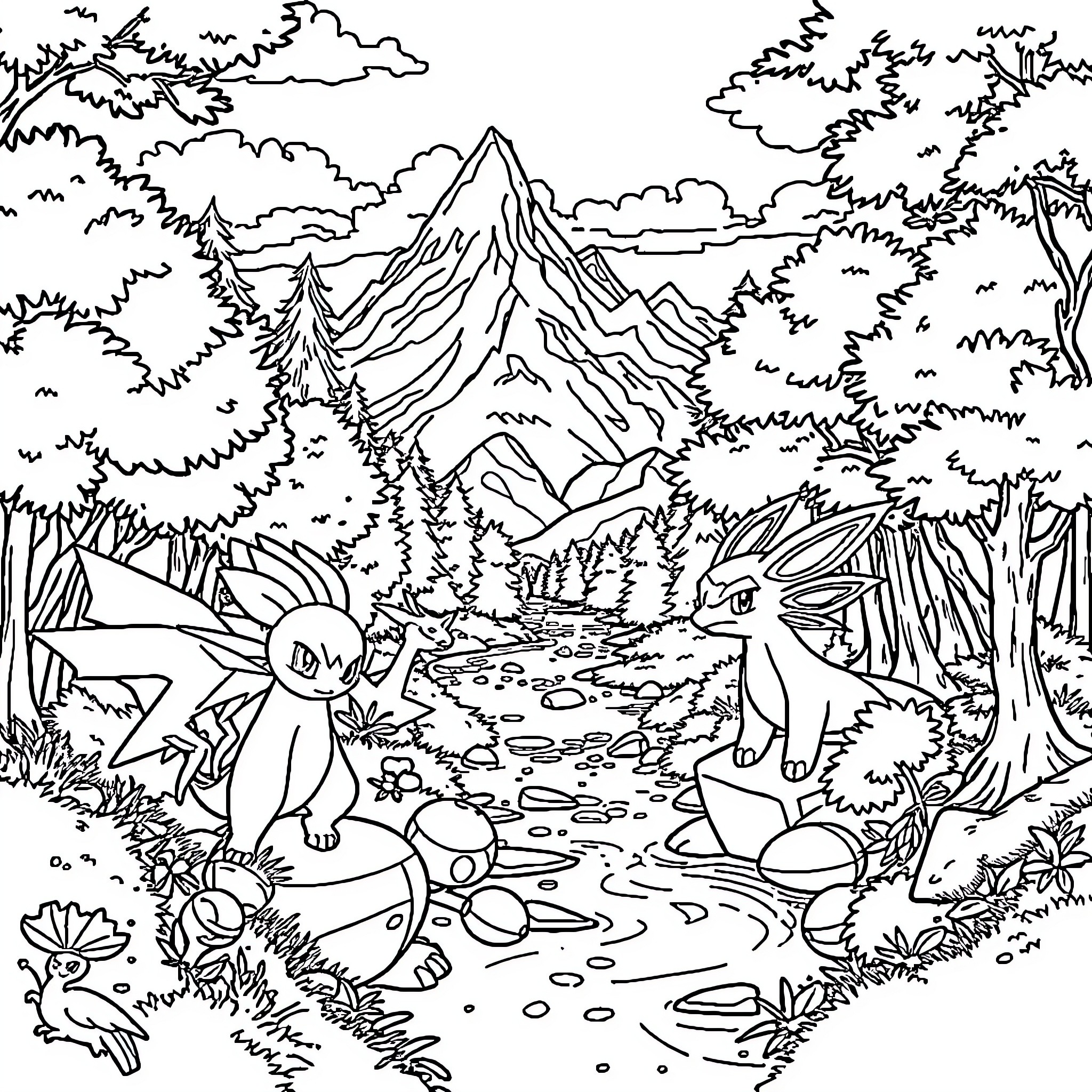 Pokémon enjoying nature in the wilderness Coloring Page (free black-and-white line drawing printable PDF for all, from beginners to advanced learners, including children, teens, adults, and seniors)