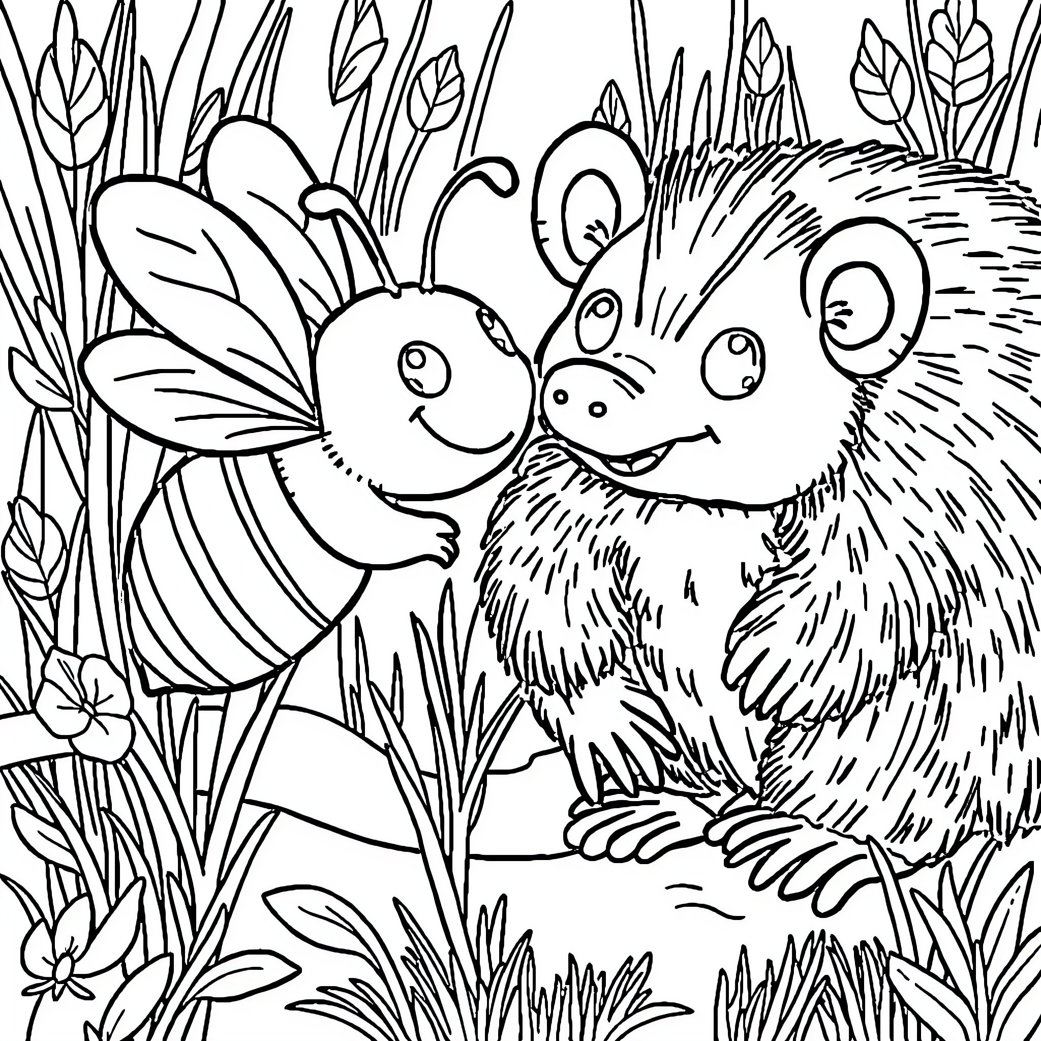Bee befriends a friendly porcupine in the meadow Coloring Page (free black-and-white line drawing printable PDF for all, from beginners to advanced learners, including children, teens, adults, and seniors)