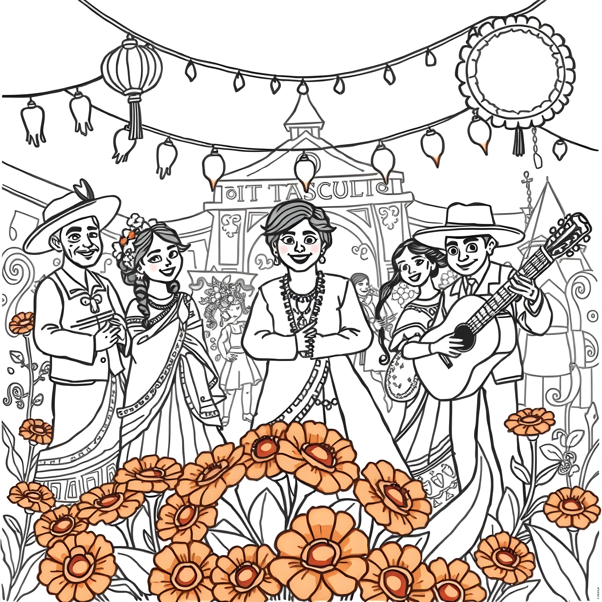 Coco Wyo: Festive Scene with Colorful Characters and Musical Instruments Coloring Page (free black-and-white line drawing printable PDF for all, from beginners to advanced learners, including children, teens, adults, and seniors)
