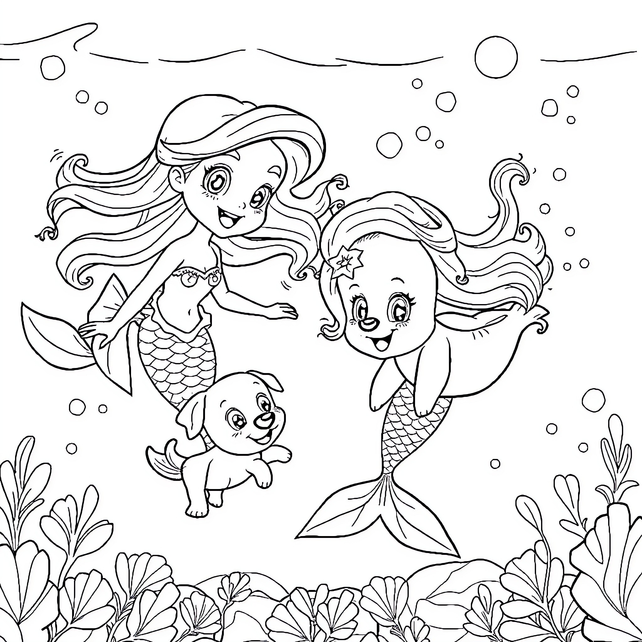 Mermaid Family Exploring the Underwater World Coloring Page (free black-and-white line drawing printable PDF for all, from beginners to advanced learners, including children, teens, adults, and seniors)
