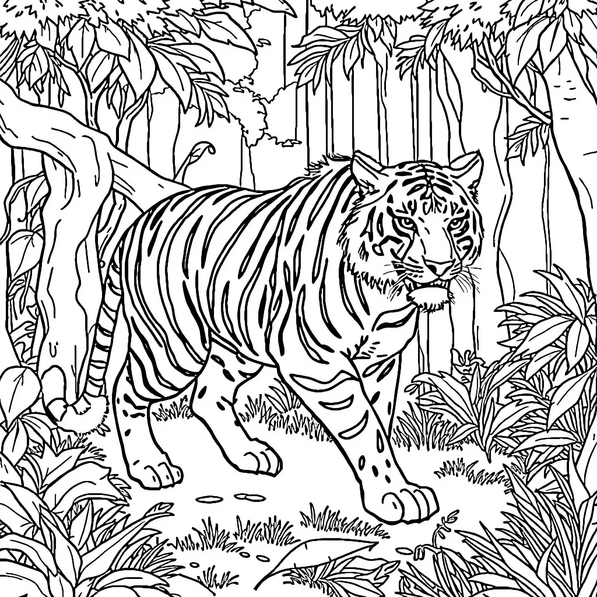 Tiger Prowling Through Lush Jungle Coloring Page (free black-and-white line drawing printable PDF for all, from beginners to advanced learners, including children, teens, adults, and seniors)