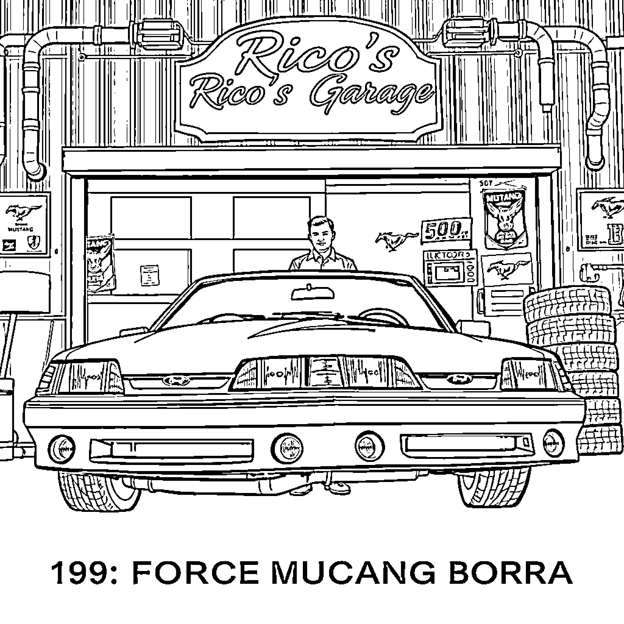 Ford Mustang in Auto Garage with 'Force Mucang Borra' Text Coloring Page (free black-and-white line drawing printable PDF for all, from beginners to advanced learners, including children, teens, adults, and seniors)
