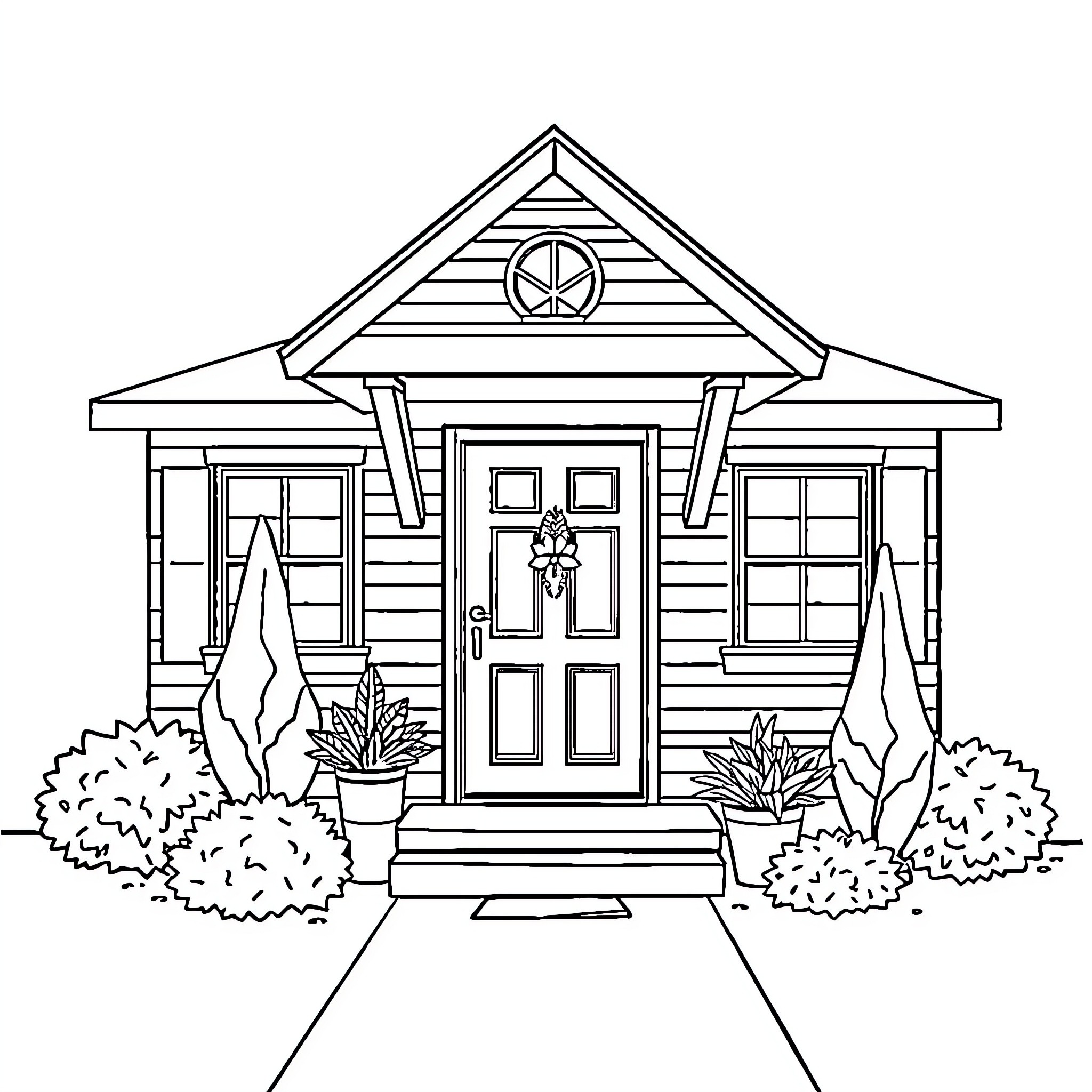 Home with Inviting Porch and Landscaping Coloring Page (free black-and-white line drawing printable PDF for all, from beginners to advanced learners, including children, teens, adults, and seniors)