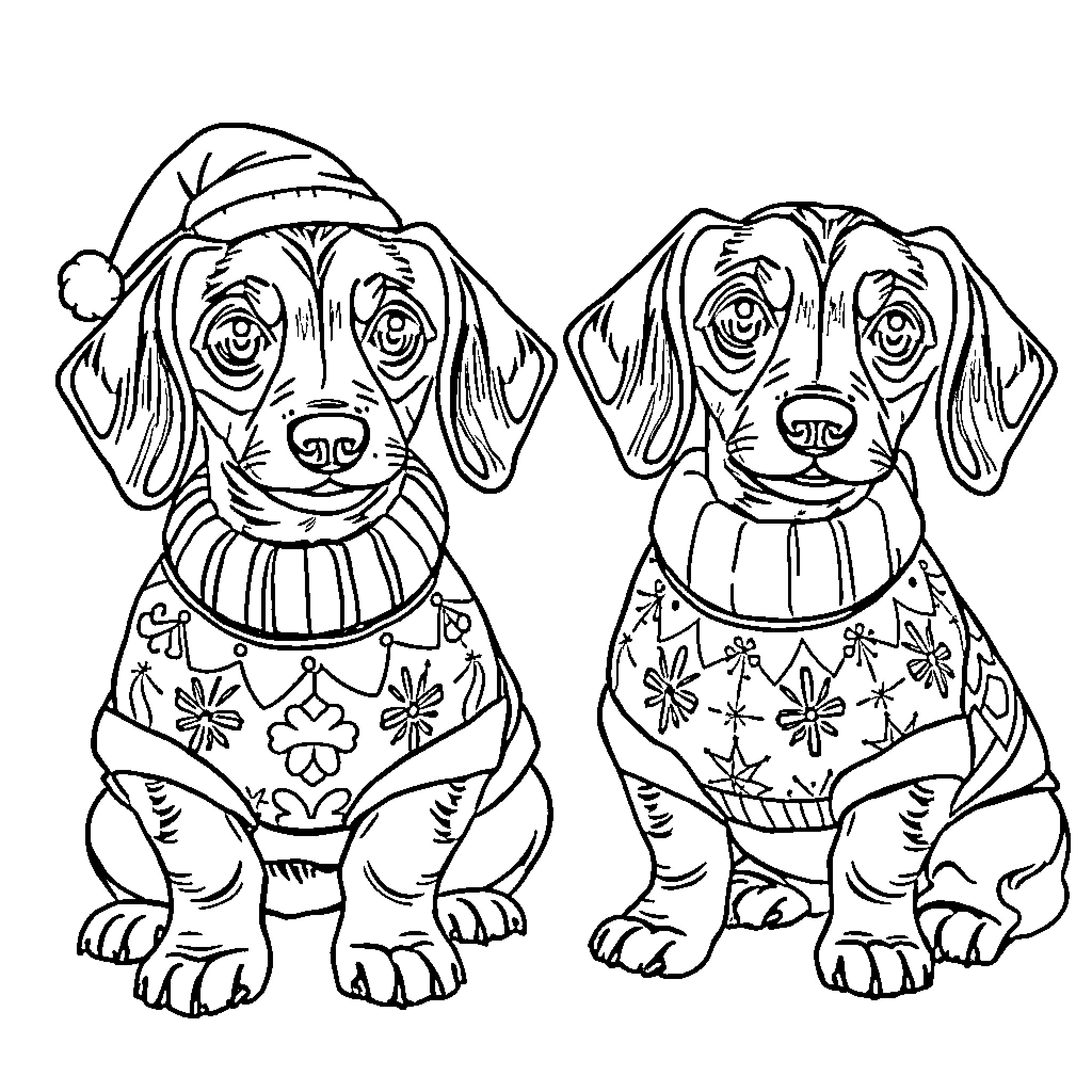 Dachshund puppies dressed in festive outfits Coloring Page (free black-and-white line drawing printable PDF for all, from beginners to advanced learners, including children, teens, adults, and seniors)
