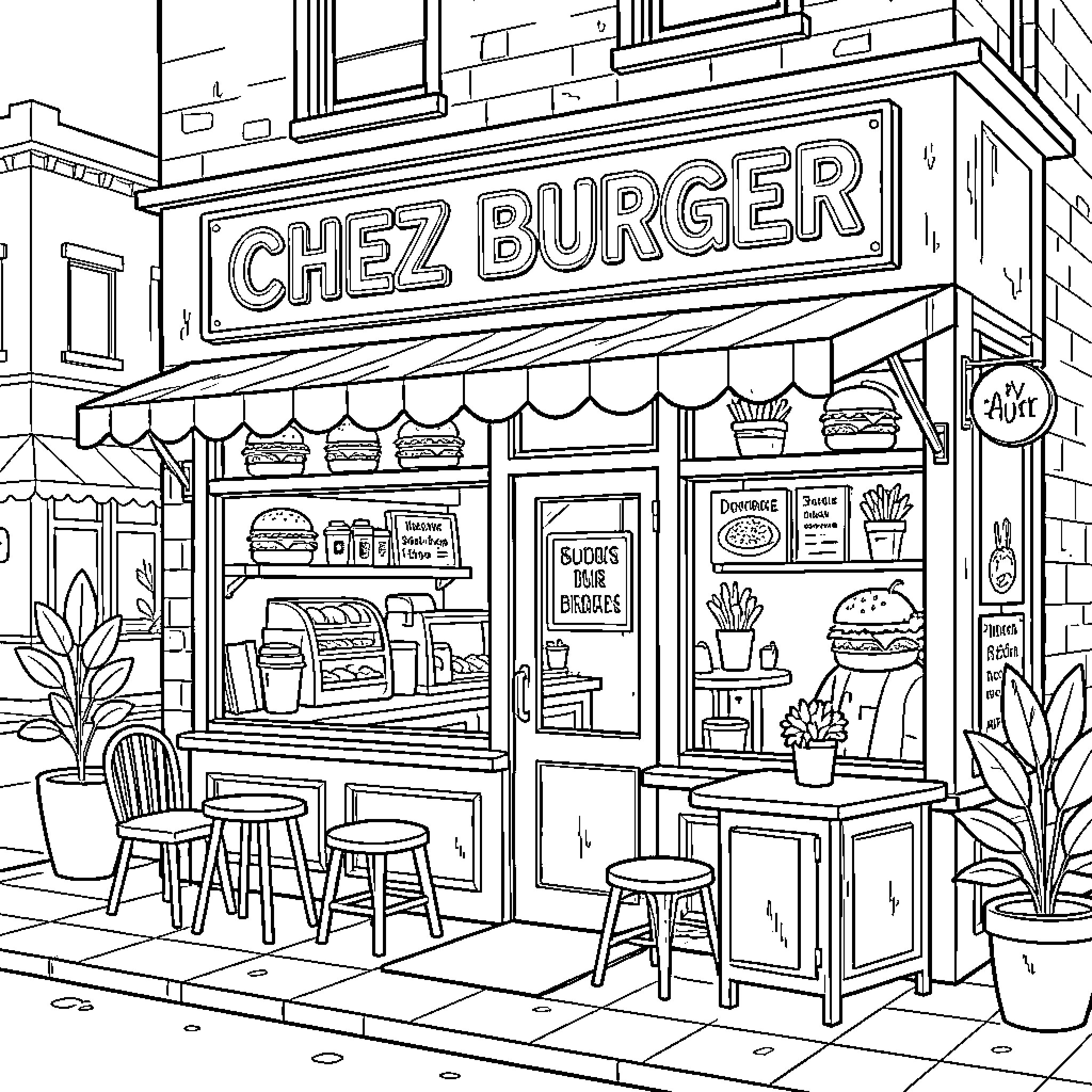 Burger shop with outdoor seating and decor Coloring Page (free black-and-white line drawing printable PDF for all, from beginners to advanced learners, including children, teens, adults, and seniors)