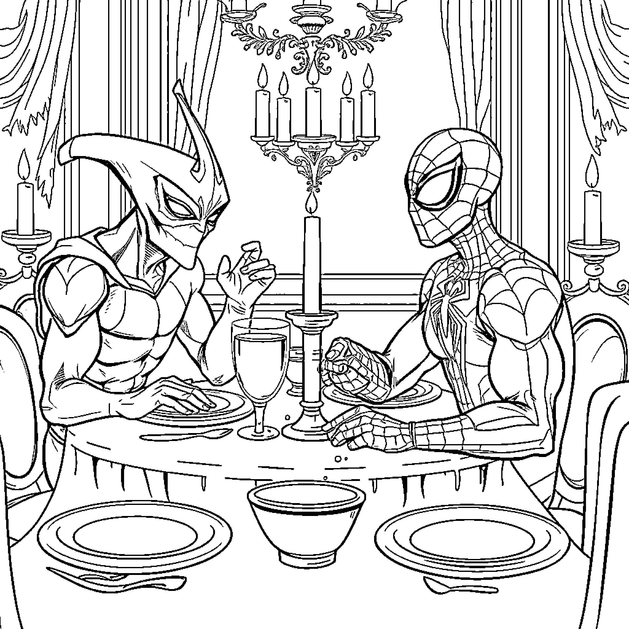 Spiderman and Venom share a formal dinner in elegant setting Coloring Page (free black-and-white line drawing printable PDF for all, from beginners to advanced learners, including children, teens, adults, and seniors)