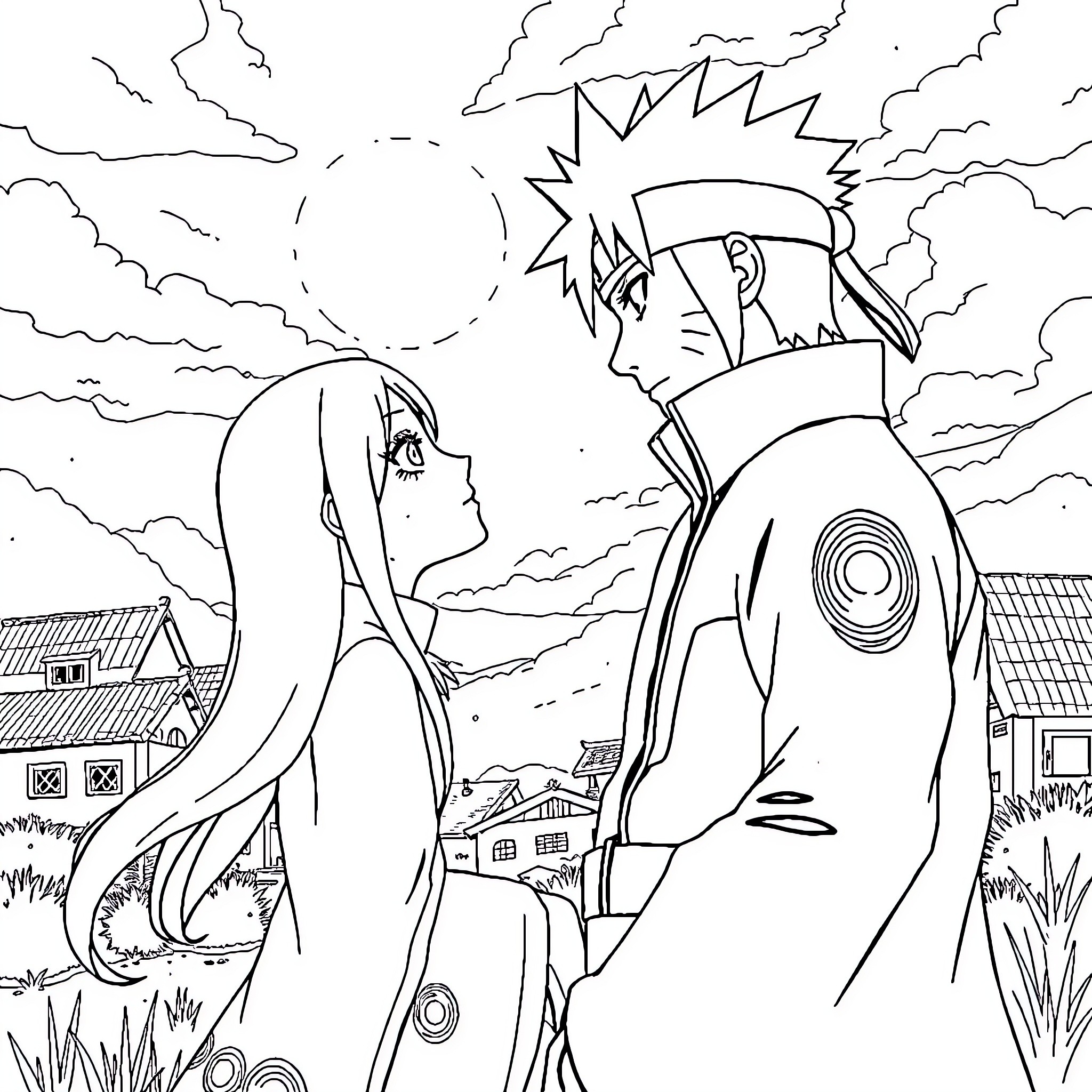 Naruto and Hinata in an intense moment Coloring Page (free black-and-white line drawing printable PDF for all, from beginners to advanced learners, including children, teens, adults, and seniors)