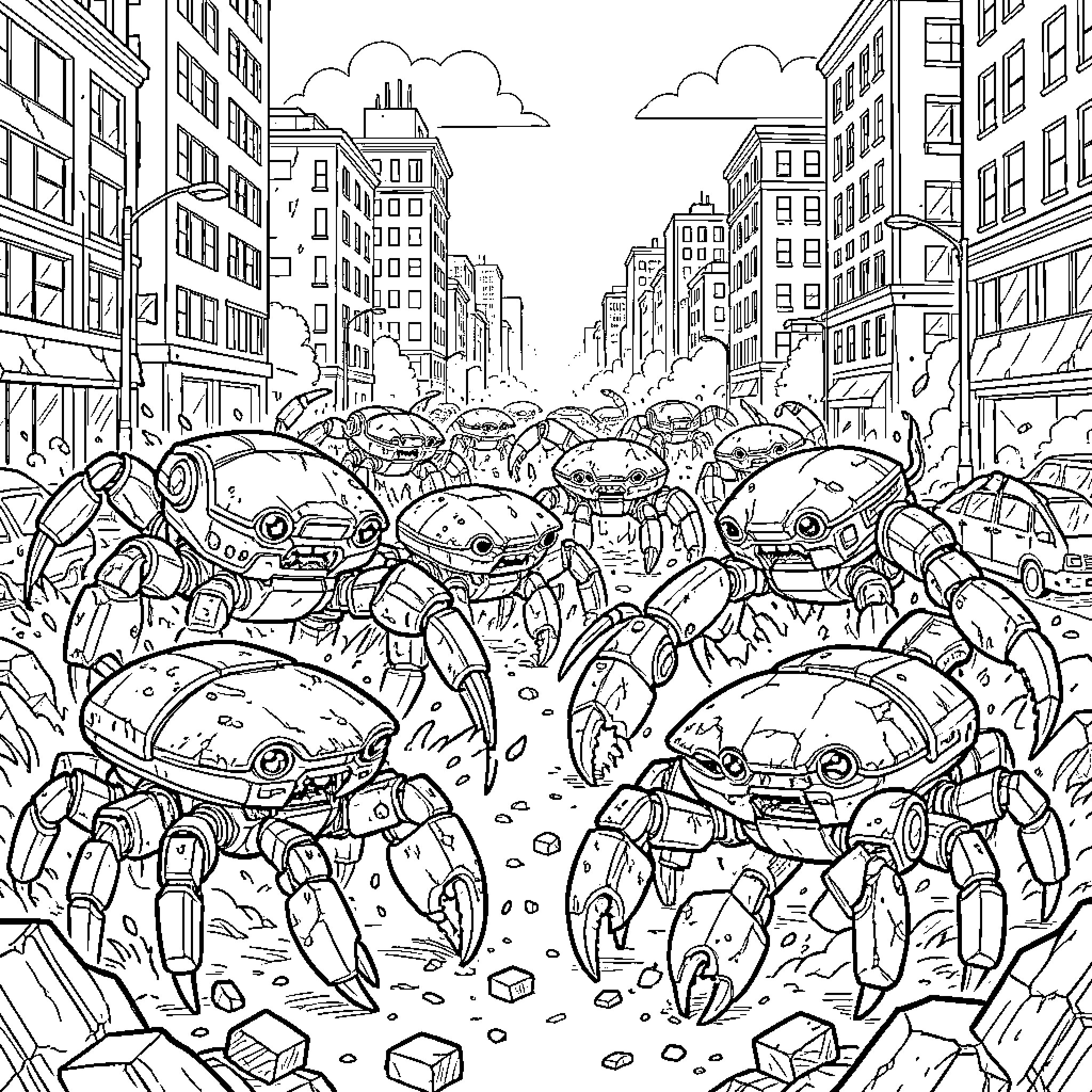 Robot Crabs in Chaotic City Chaos Coloring Page (free black-and-white line drawing printable PDF for all, from beginners to advanced learners, including children, teens, adults, and seniors)