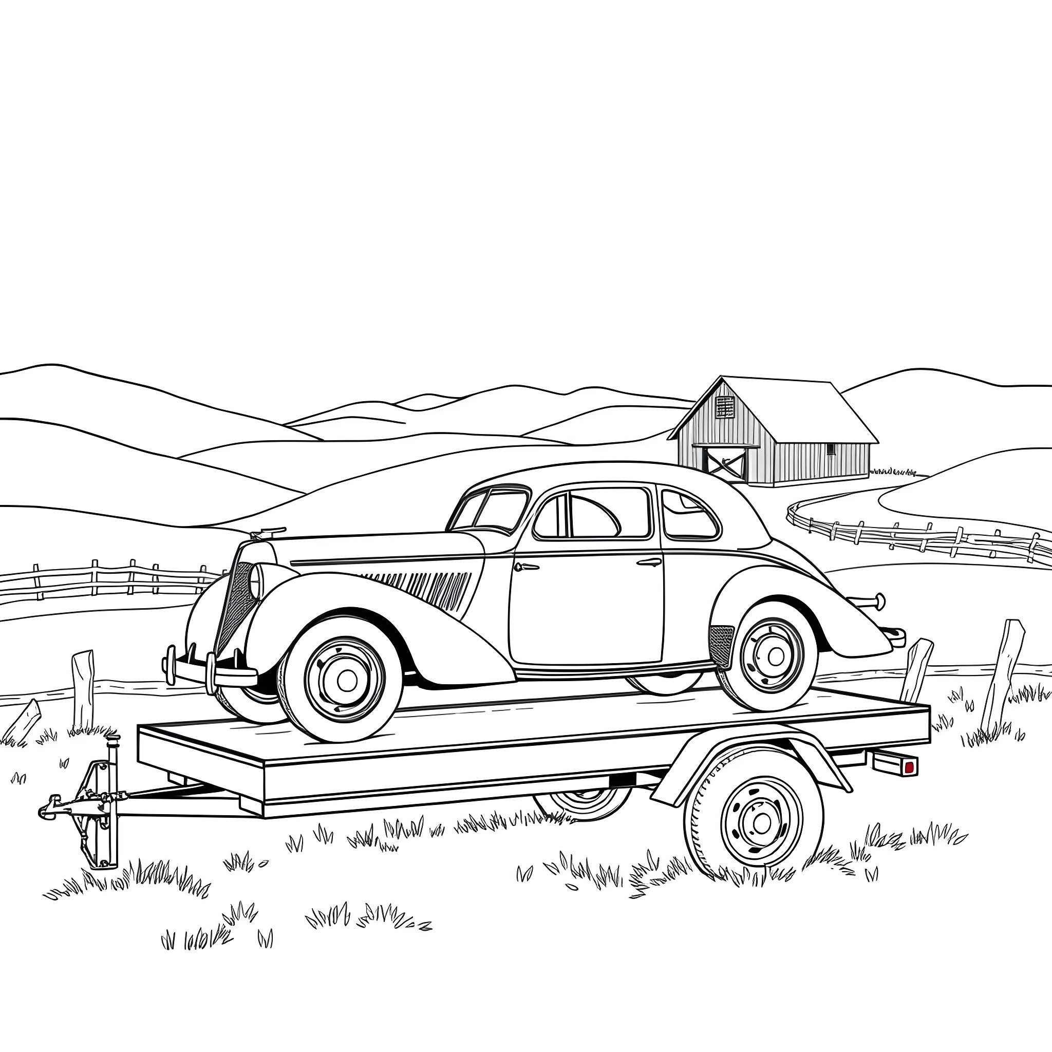 Classic Car Transported on Trailer in Pastoral Landscape Coloring Page (free black-and-white line drawing printable PDF for all, from beginners to advanced learners, including children, teens, adults, and seniors)