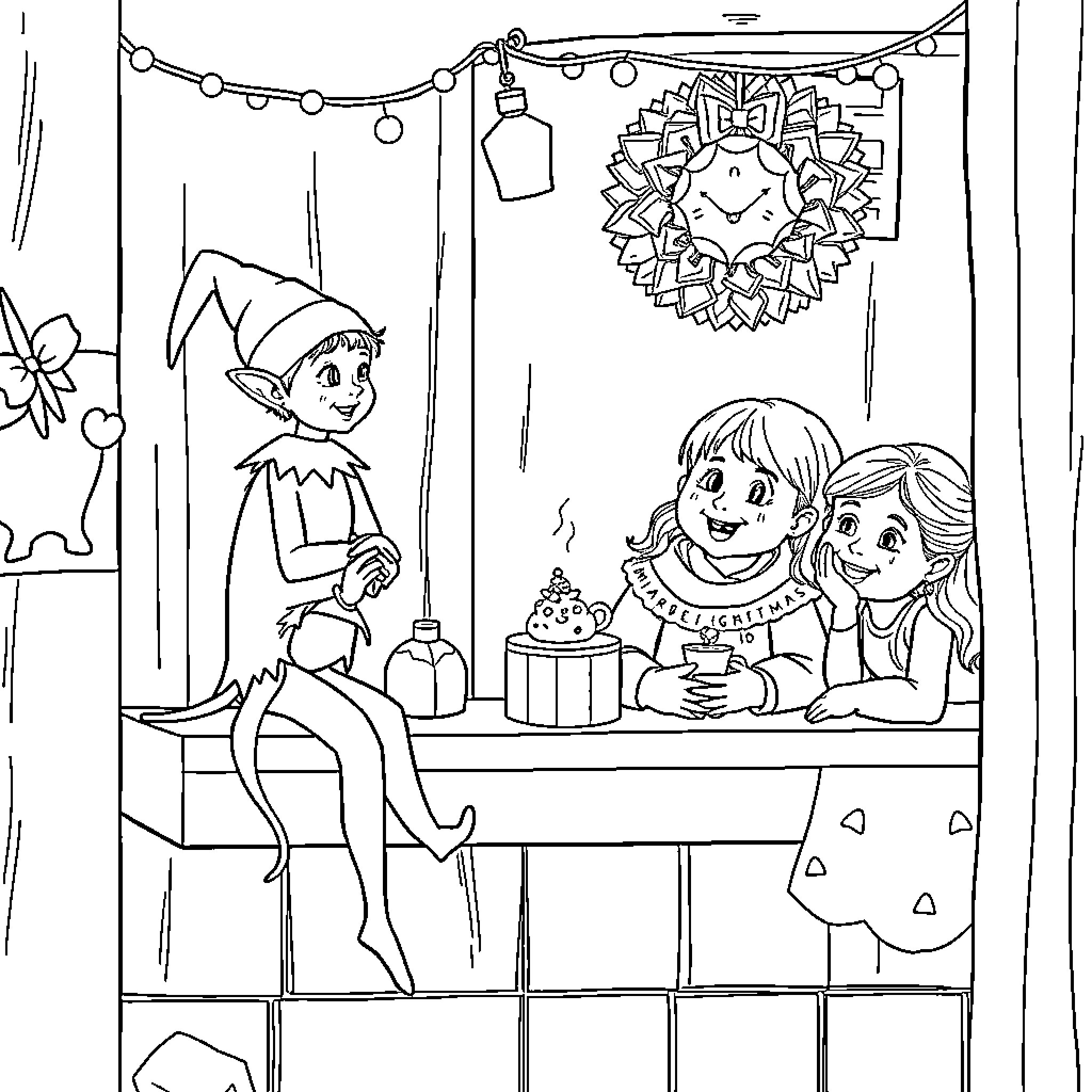 Elf Celebrating Winter Holiday with Friends Coloring Page (free black-and-white line drawing printable PDF for all, from beginners to advanced learners, including children, teens, adults, and seniors)