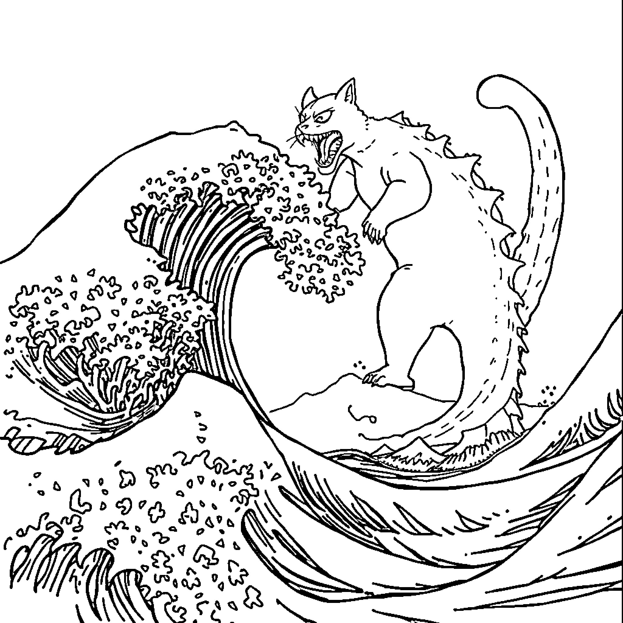Wave of Curious Creatures Coloring Page (free black-and-white line drawing printable PDF for all, from beginners to advanced learners, including children, teens, adults, and seniors)