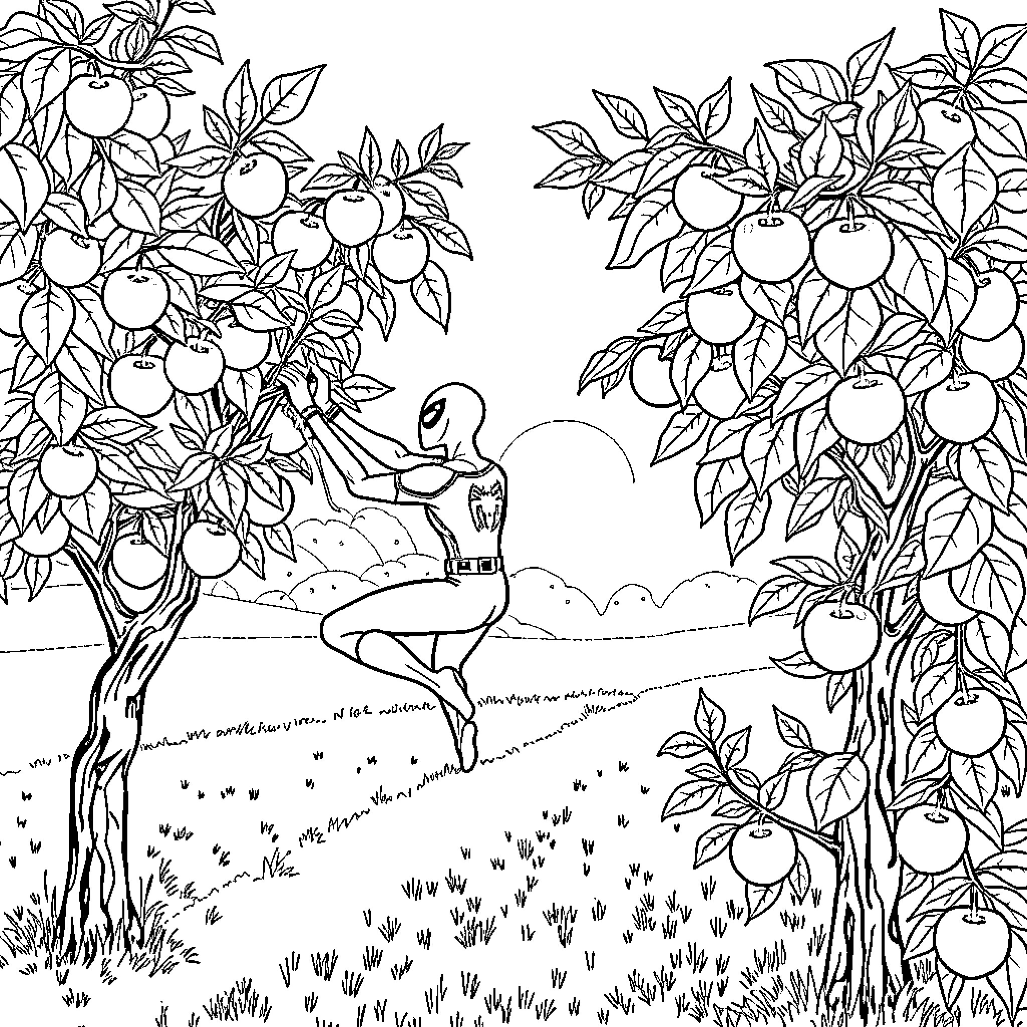 Spiderman relaxing under an apple tree Coloring Page (free black-and-white line drawing printable PDF for all, from beginners to advanced learners, including children, teens, adults, and seniors)