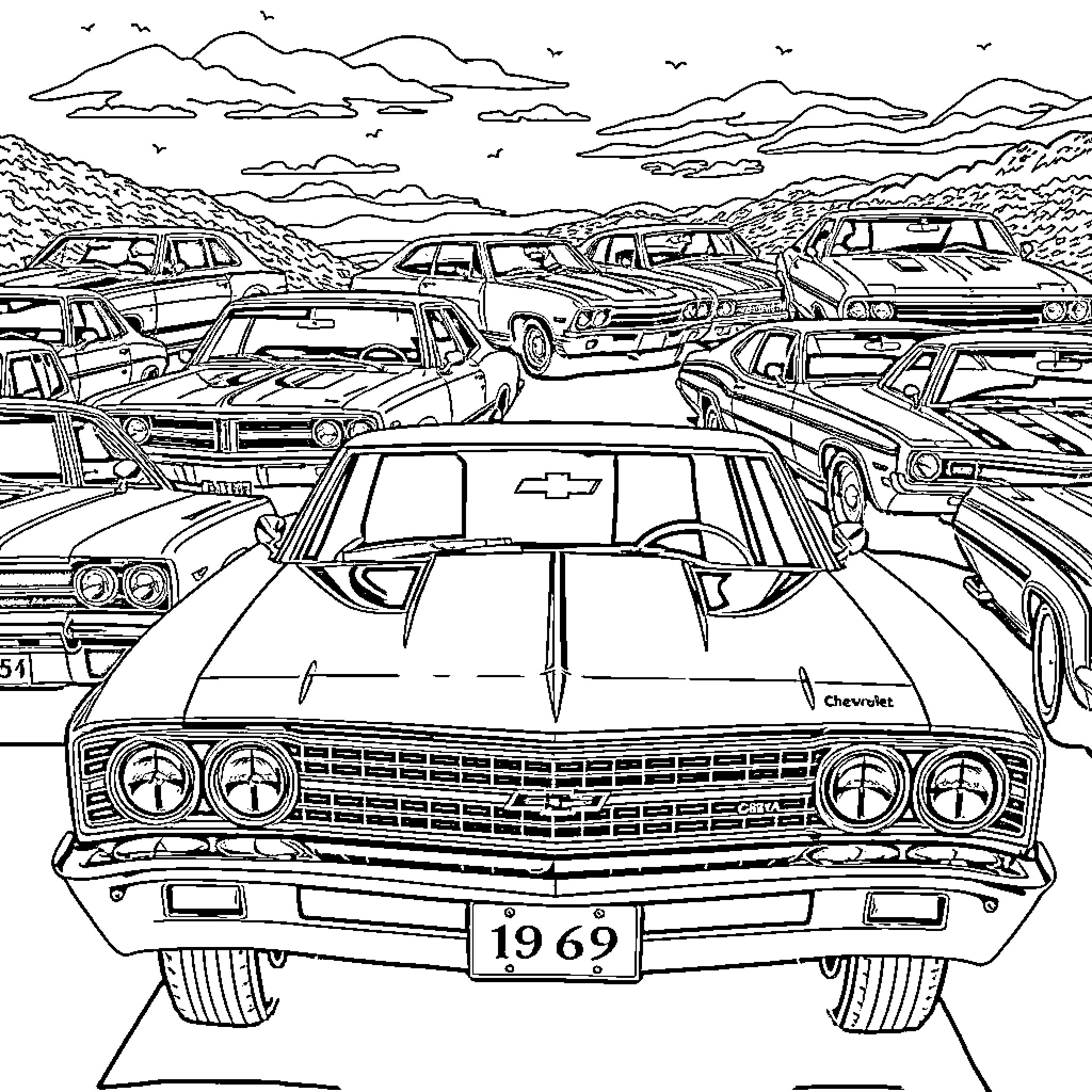 Chevy classic cars on display in a scenic landscape Coloring Page (free black-and-white line drawing printable PDF for all, from beginners to advanced learners, including children, teens, adults, and seniors)