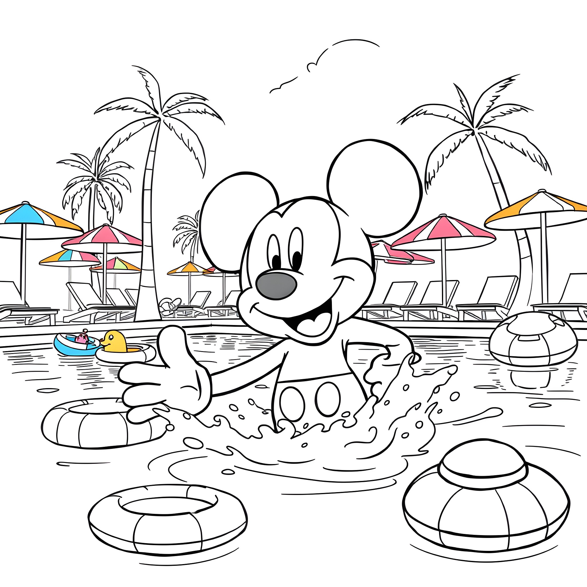Mickey Mouse enjoying fun in the pool at a tropical resort Coloring Page (free black-and-white line drawing printable PDF for all, from beginners to advanced learners, including children, teens, adults, and seniors)