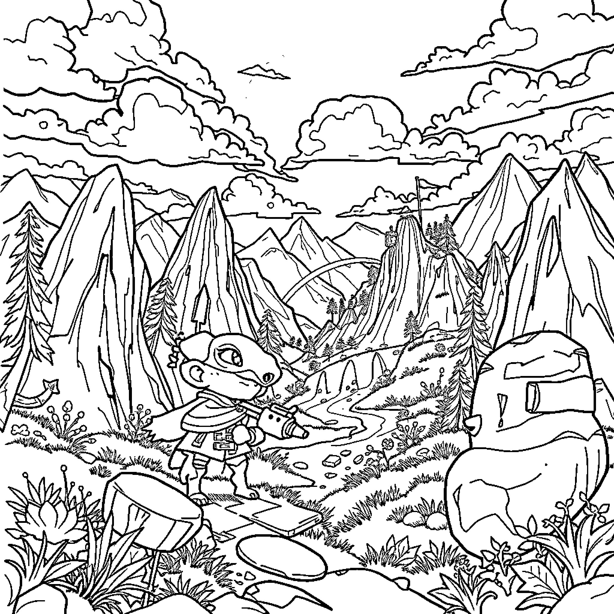 Huntrix Exploring the Majestic Mountain Landscape Coloring Page (free black-and-white line drawing printable PDF for all, from beginners to advanced learners, including children, teens, adults, and seniors)