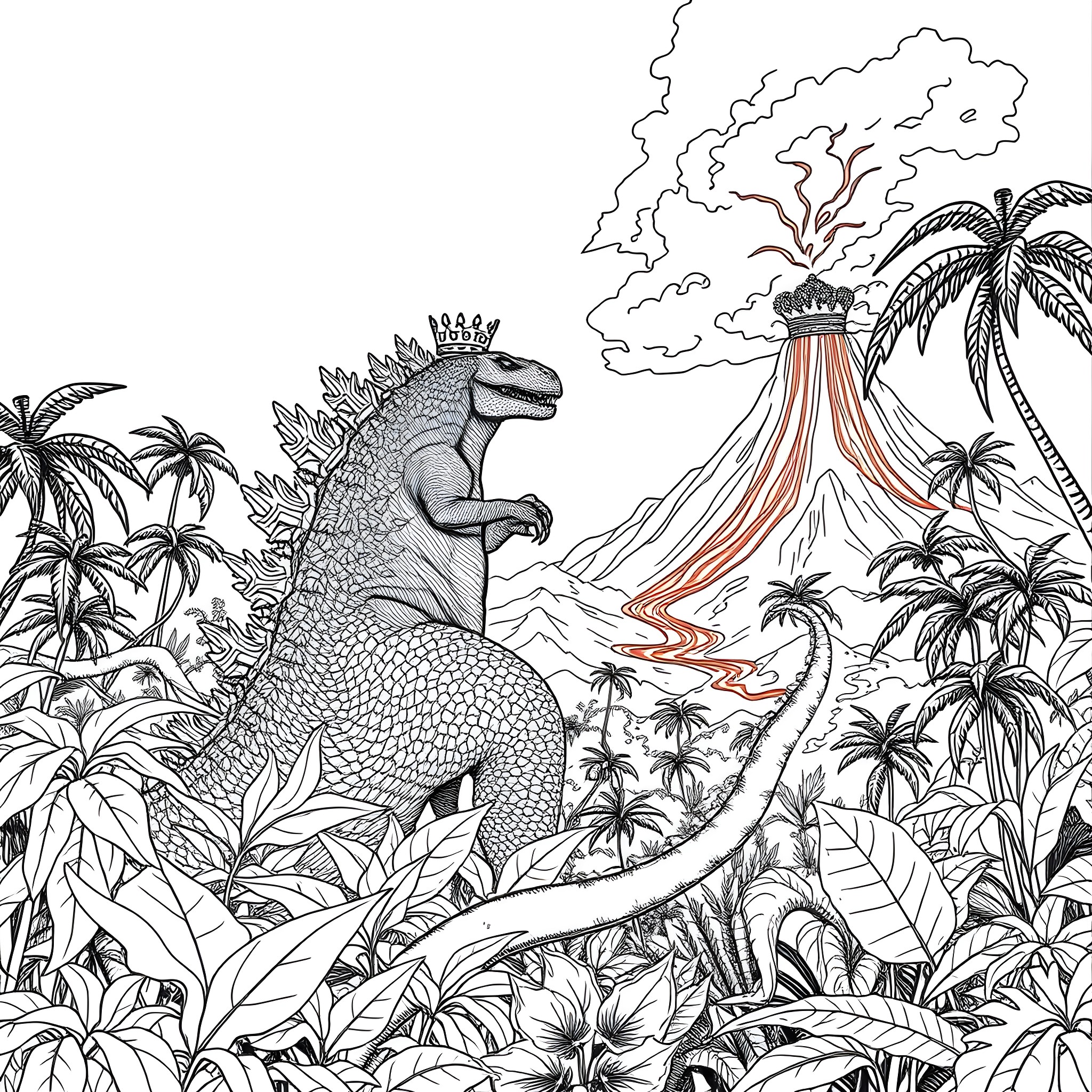 Godzilla Stomping Through Lush Jungle Landscape Coloring Page (free black-and-white line drawing printable PDF for all, from beginners to advanced learners, including children, teens, adults, and seniors)