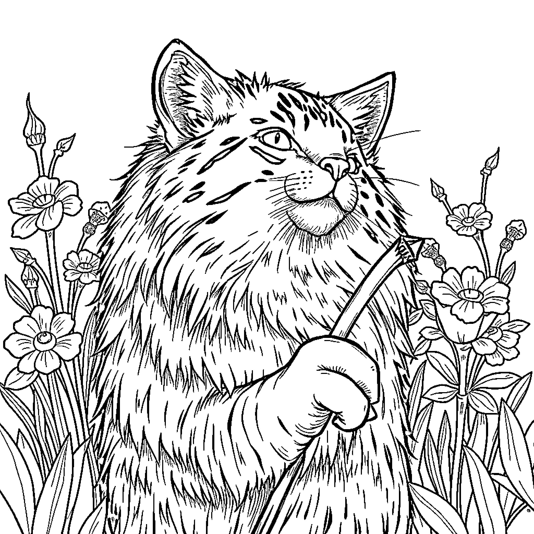 Orsacchiotto's Playful Adventure in the Floral Garden Coloring Page (free black-and-white line drawing printable PDF for all, from beginners to advanced learners, including children, teens, adults, and seniors)