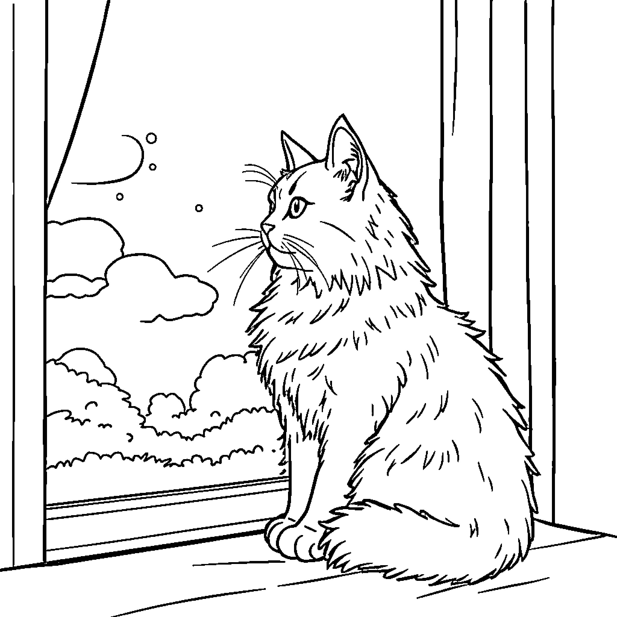 Cat gazing out the window at the cloudy sky Coloring Page (free black-and-white line drawing printable PDF for all, from beginners to advanced learners, including children, teens, adults, and seniors)