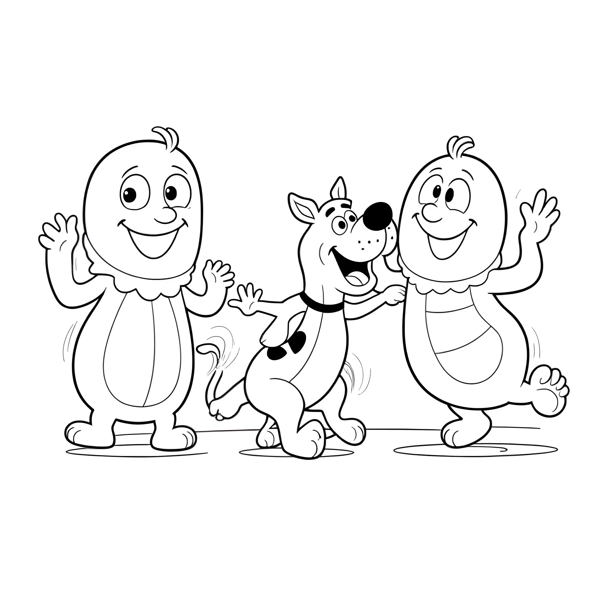 Yo Gabba Gabba friends having fun together Coloring Page (free black-and-white line drawing printable PDF for all, from beginners to advanced learners, including children, teens, adults, and seniors)