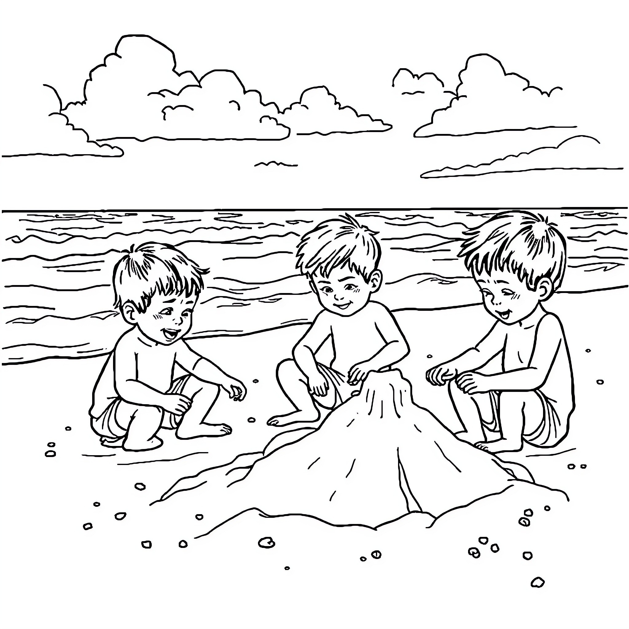 Kid Playing in the Sand by the Beach Coloring Page (free black-and-white line drawing printable PDF for all, from beginners to advanced learners, including children, teens, adults, and seniors)