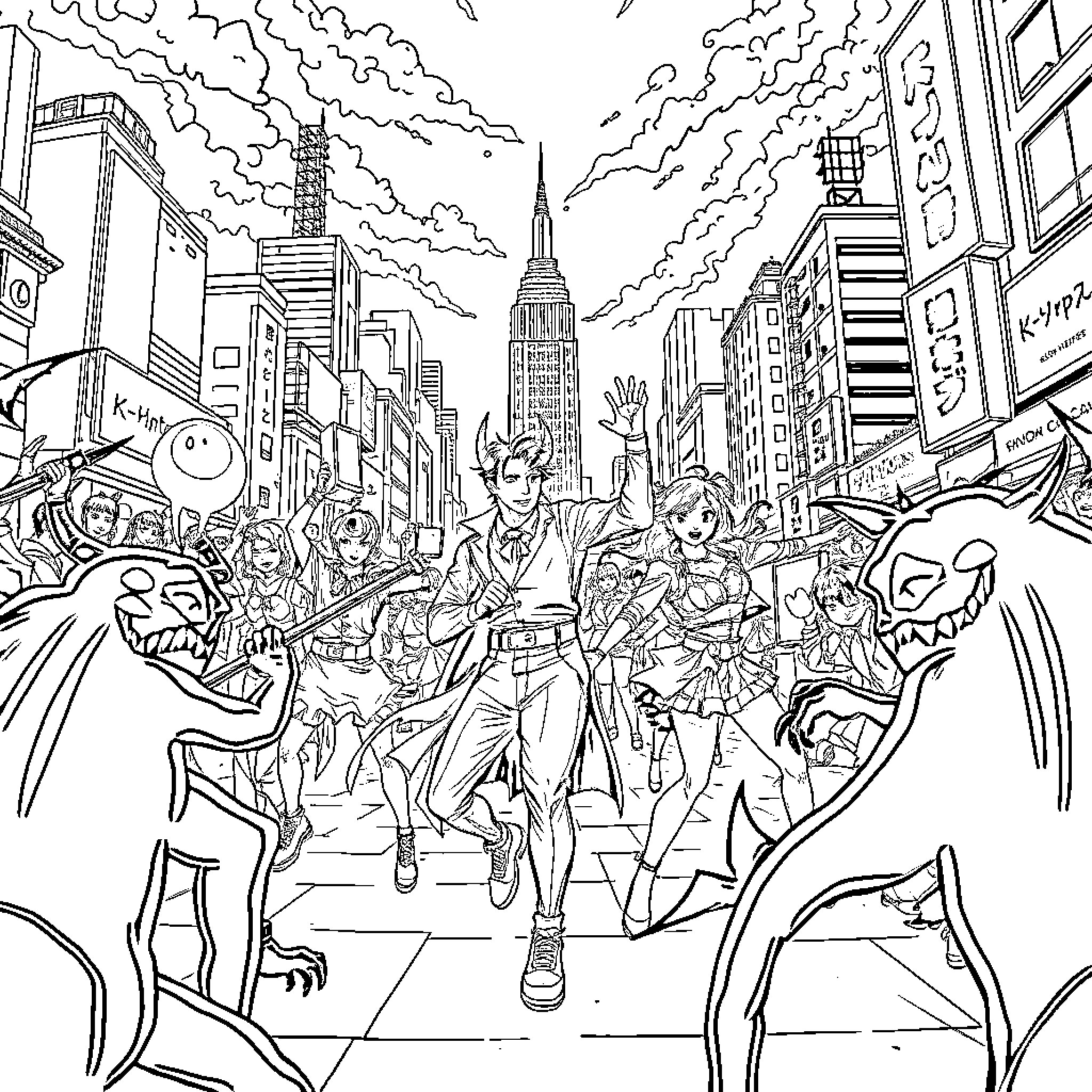 Demon Unleash Chaos in Bustling City Streets Coloring Page (free black-and-white line drawing printable PDF for all, from beginners to advanced learners, including children, teens, adults, and seniors)