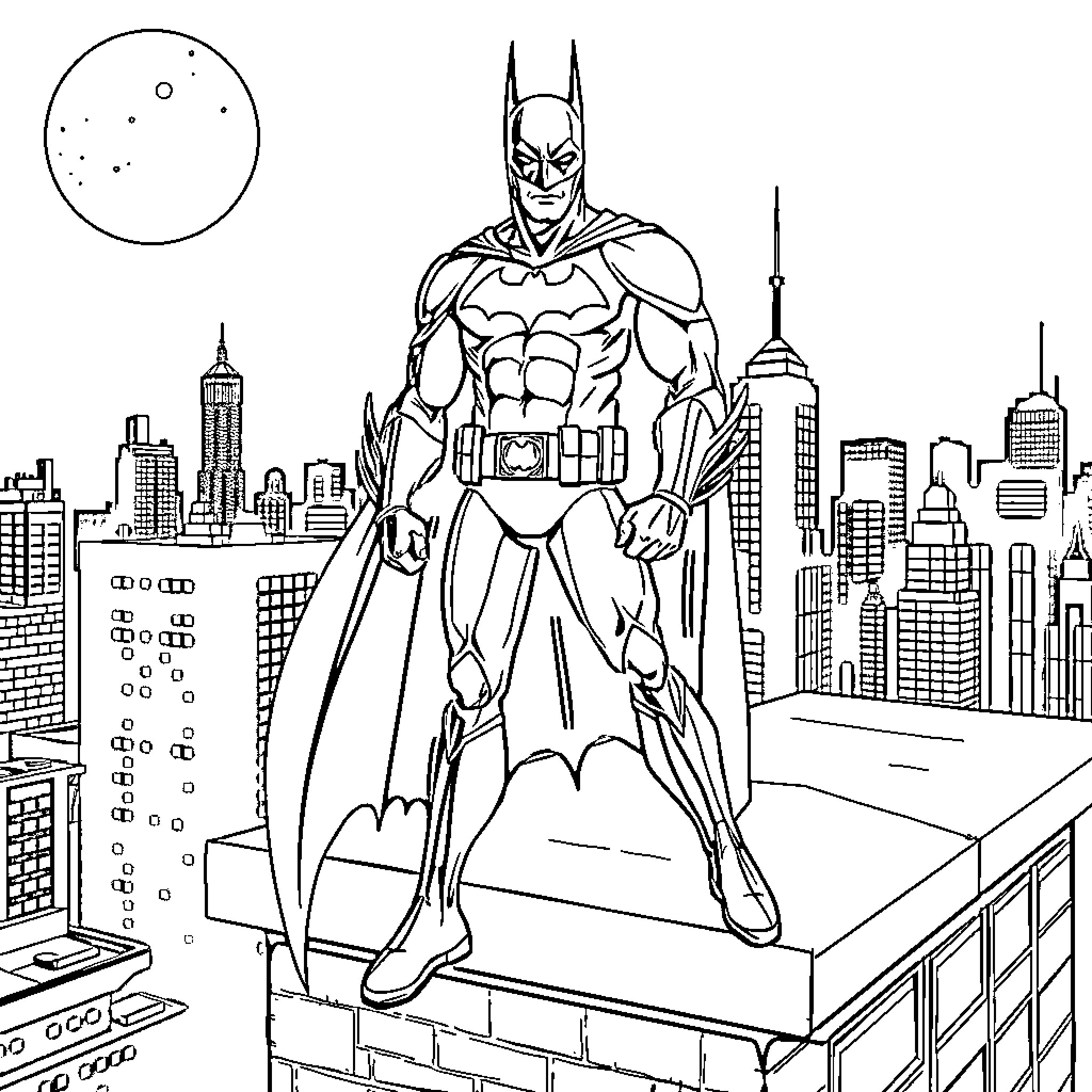 Batman surveying the city from a rooftop Coloring Page (free black-and-white line drawing printable PDF for all, from beginners to advanced learners, including children, teens, adults, and seniors)