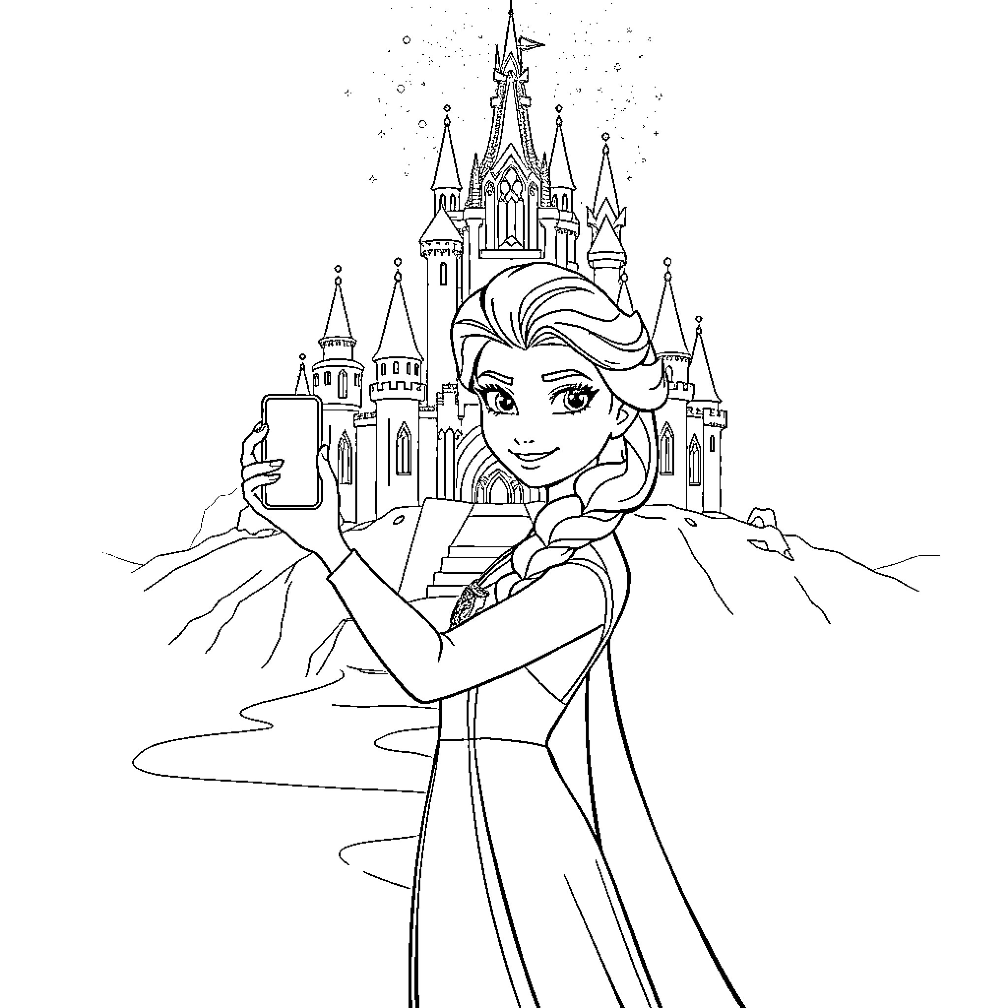 Elsa's Magical Fairytale Castle Adventure Coloring Page (free black-and-white line drawing printable PDF for all, from beginners to advanced learners, including children, teens, adults, and seniors)