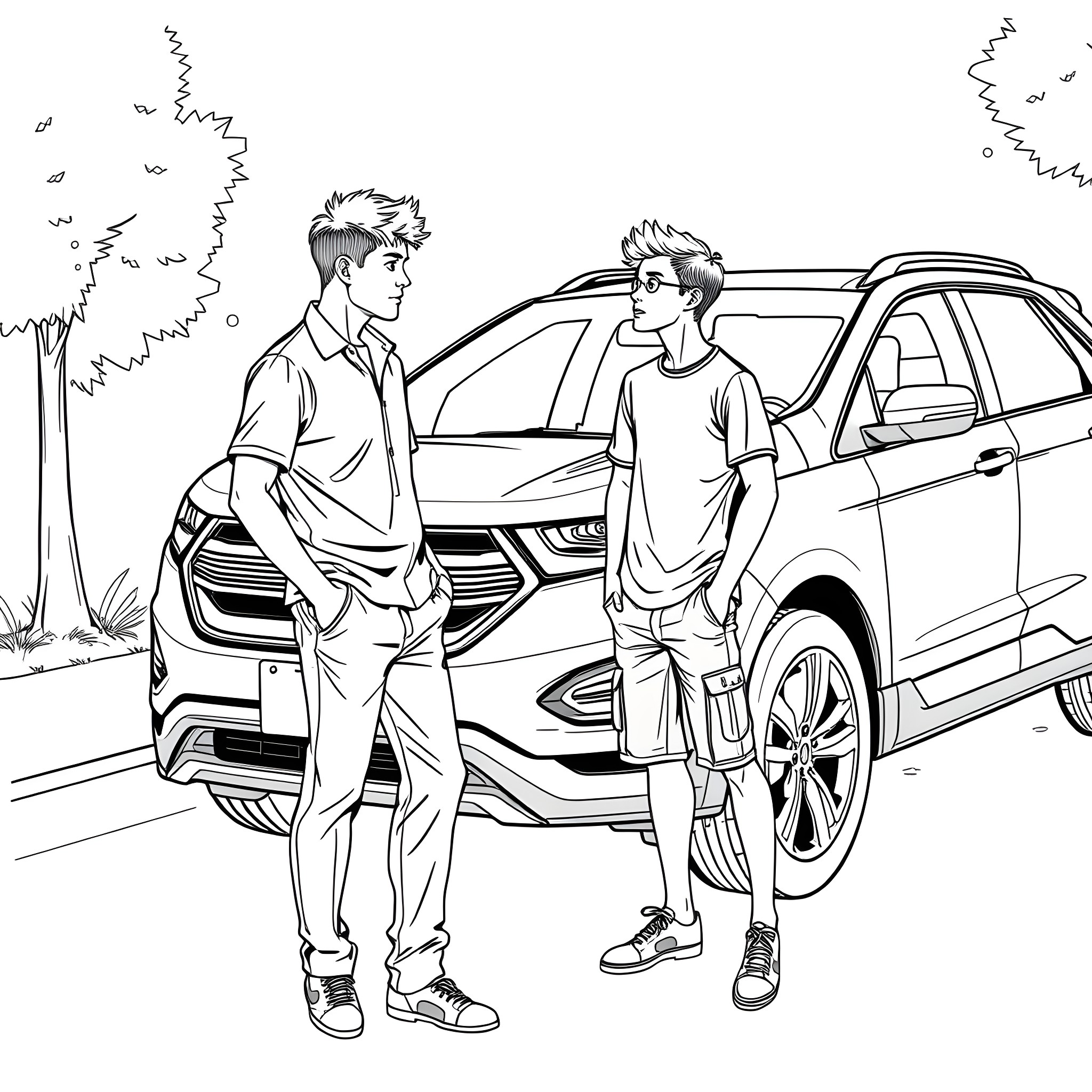 Teen Guy Checking Out New Car with Friend Coloring Page (free black-and-white line drawing printable PDF for all, from beginners to advanced learners, including children, teens, adults, and seniors)
