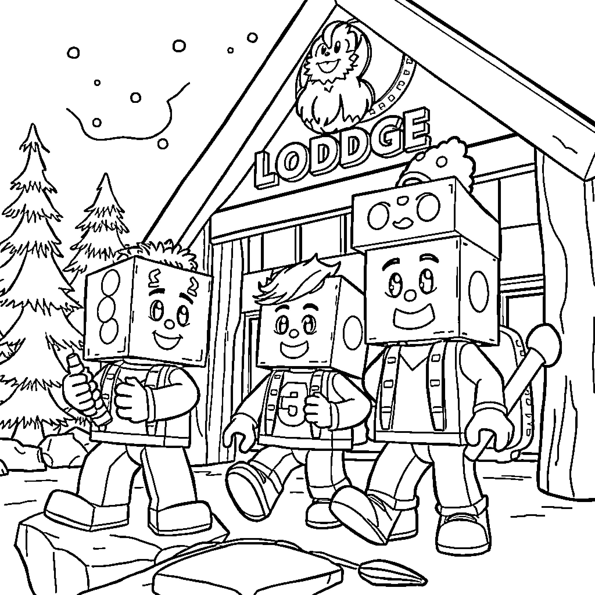 Numberblocks having fun at the lodge Coloring Page (free black-and-white line drawing printable PDF for all, from beginners to advanced learners, including children, teens, adults, and seniors)