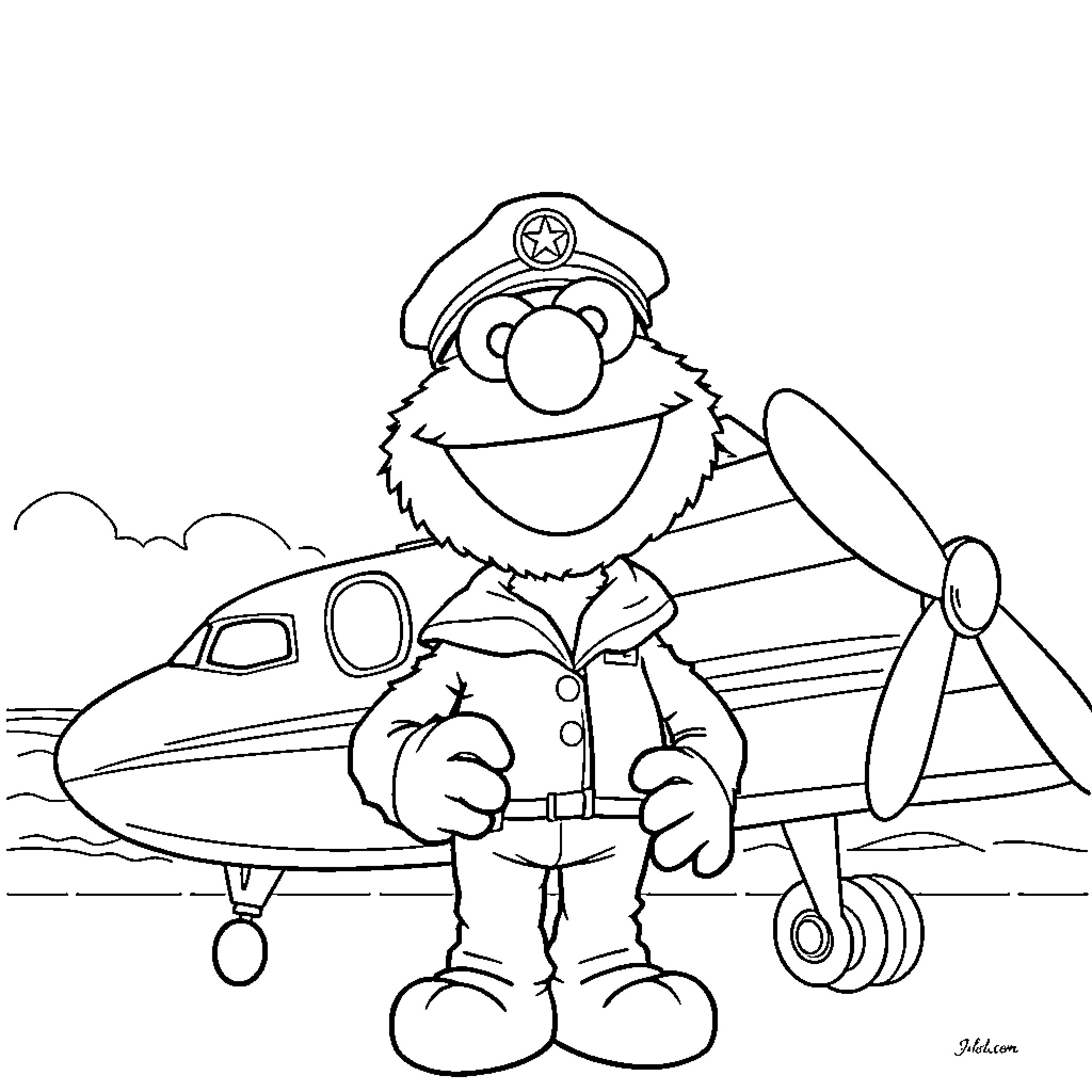 Elmo Dressed as Pilot Next to Private Jet Coloring Page (free black-and-white line drawing printable PDF for all, from beginners to advanced learners, including children, teens, adults, and seniors)