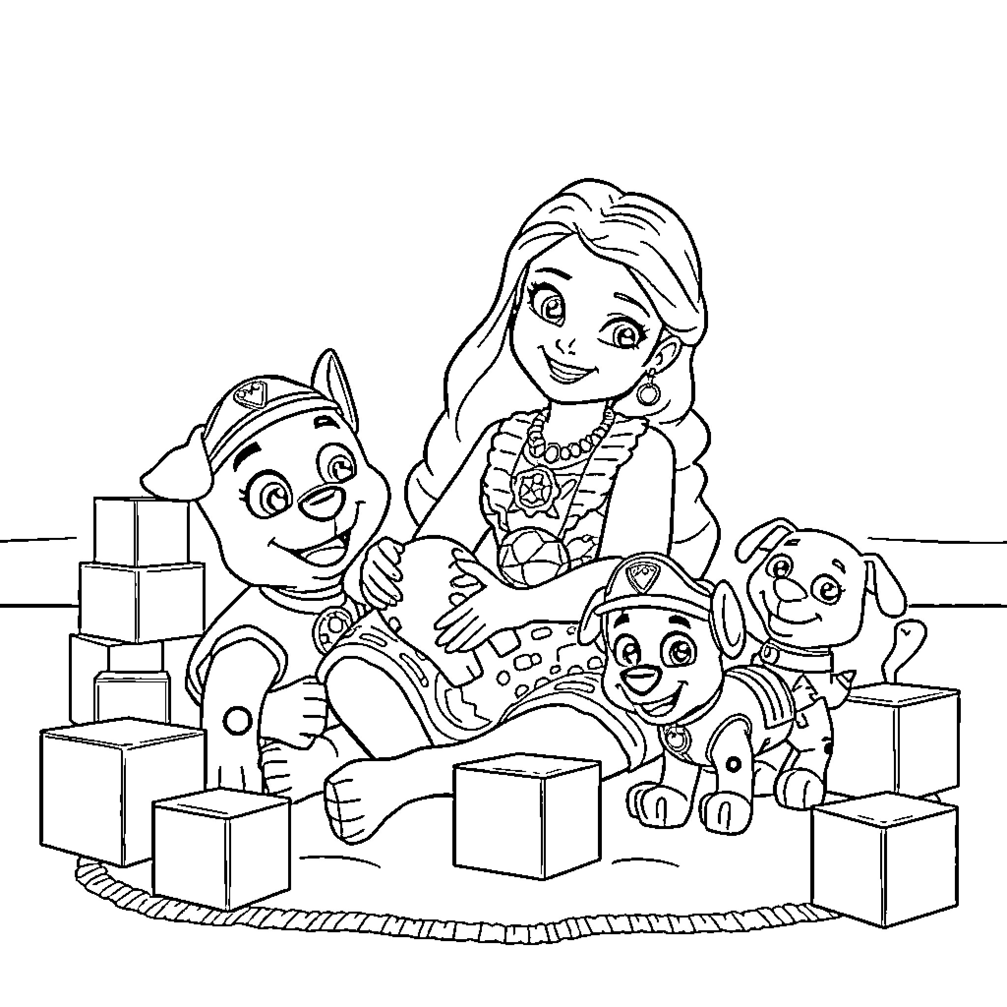 Moana playing with animated characters Coloring Page (free black-and-white line drawing printable PDF for all, from beginners to advanced learners, including children, teens, adults, and seniors)