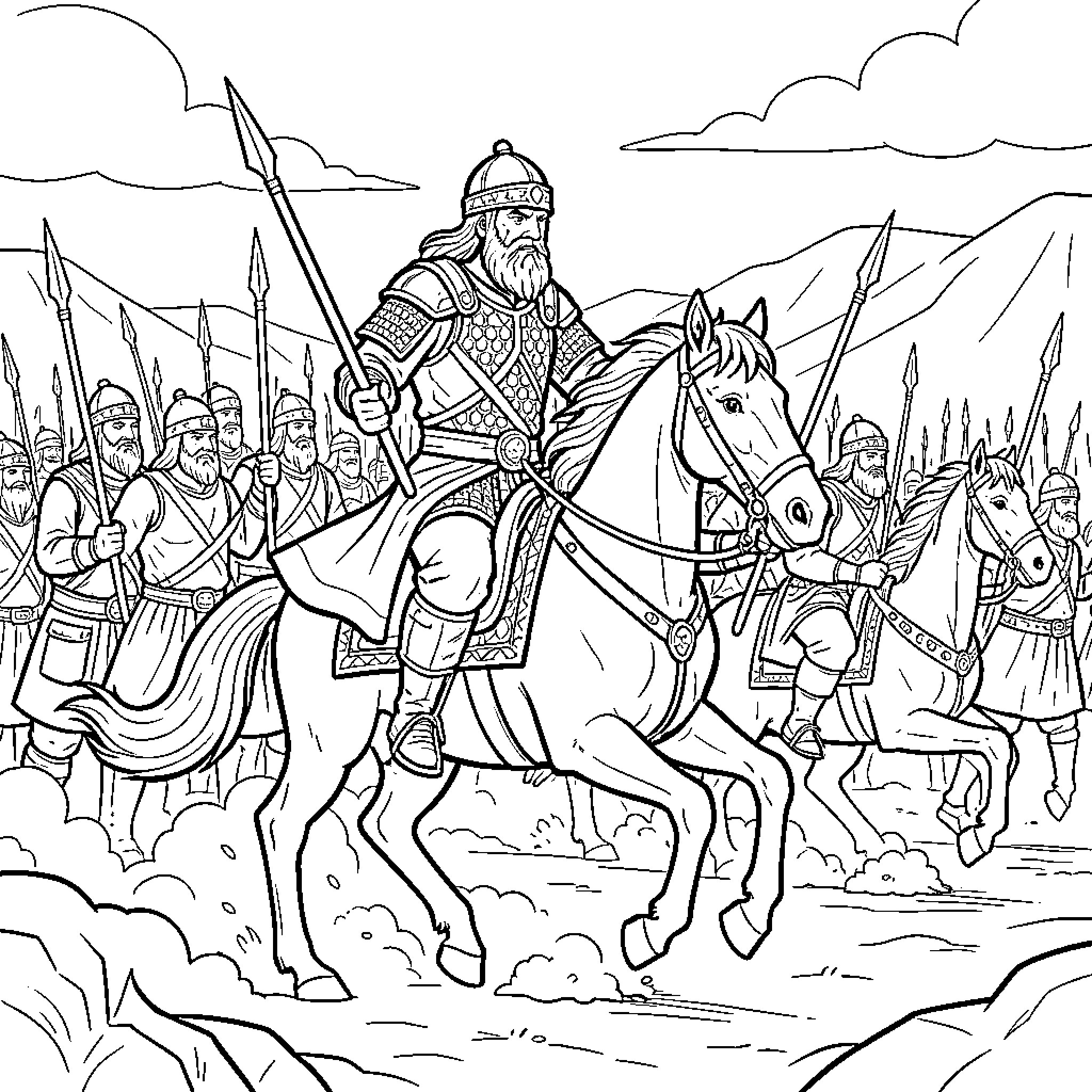 Ertuğrul leading a group of warriors on horseback Coloring Page (free black-and-white line drawing printable PDF for all, from beginners to advanced learners, including children, teens, adults, and seniors)