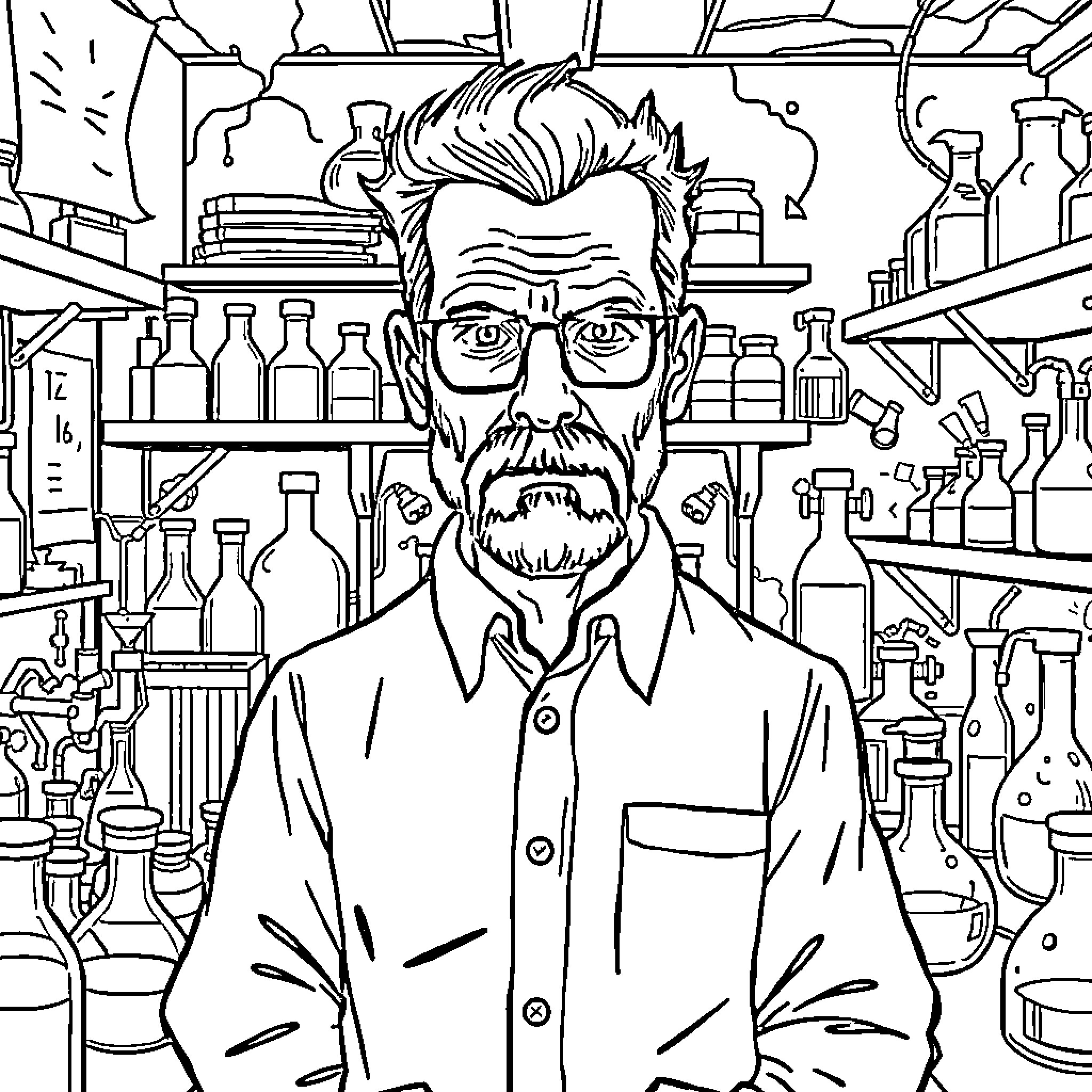 Walter White in his chemistry lab Coloring Page (free black-and-white line drawing printable PDF for all, from beginners to advanced learners, including children, teens, adults, and seniors)