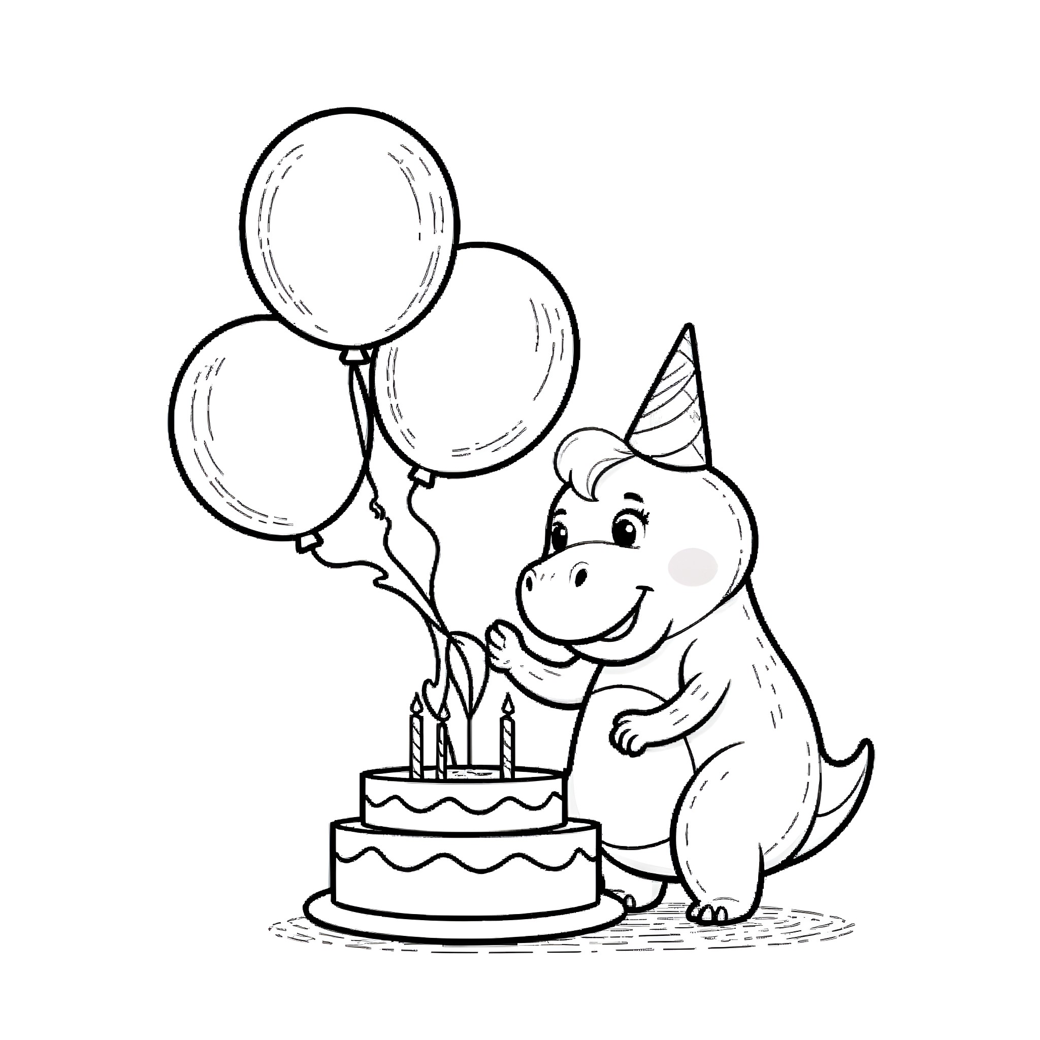 Barney the dinosaur celebrating birthday with cake and balloons Coloring Page (free black-and-white line drawing printable PDF for all, from beginners to advanced learners, including children, teens, adults, and seniors)